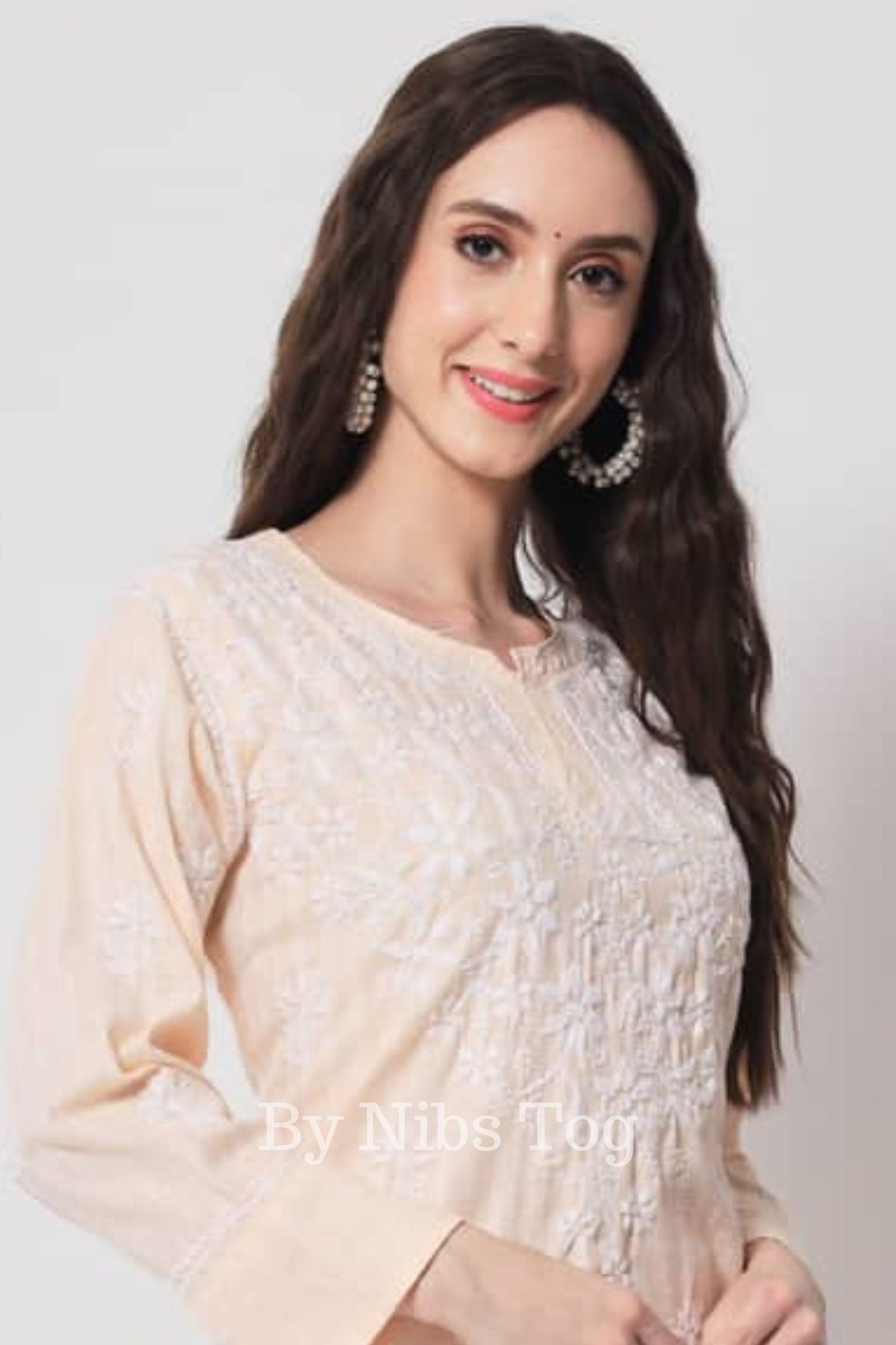 Peach Women's Straight Chikankari Kurta Cotton