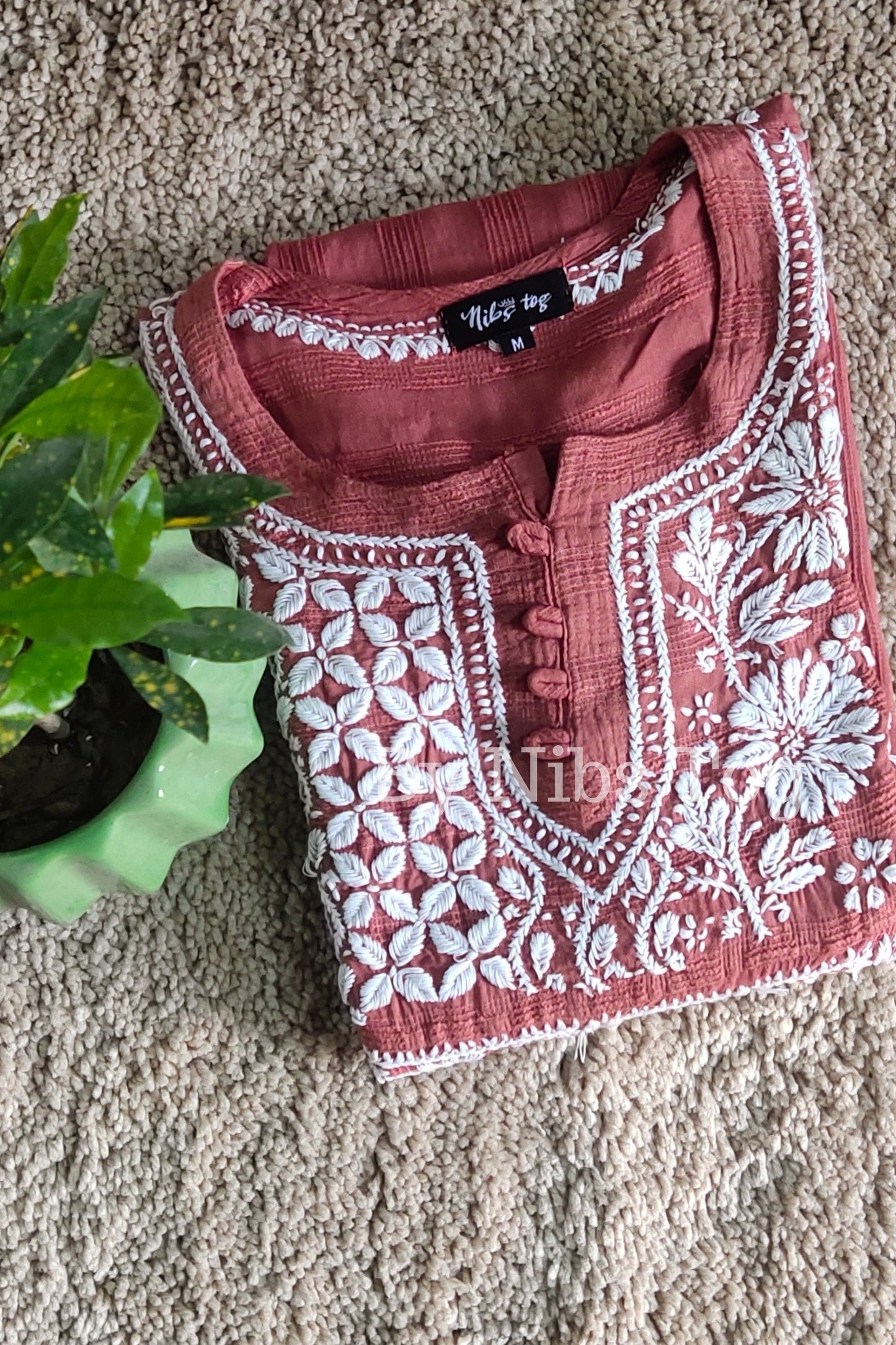 Women's Straight Cotton Lucknowi Chikankari Kurta Nude Rust
