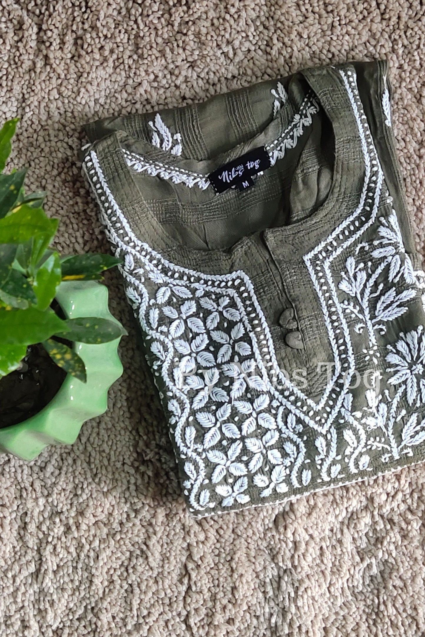 Lucknowi Chikankari Kurti for Women Cotton Olive Green
