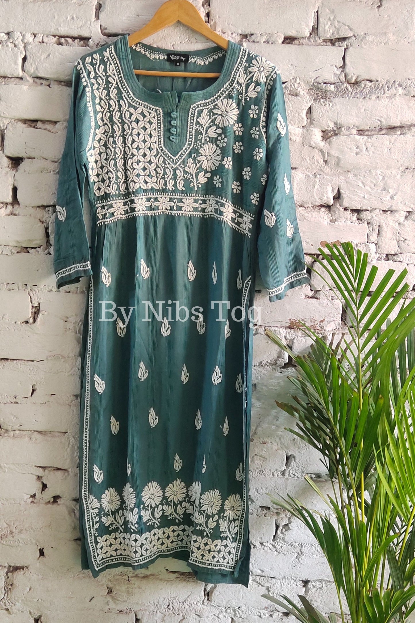 Cotton Straight Chikankari Kurta for Women Teal Green