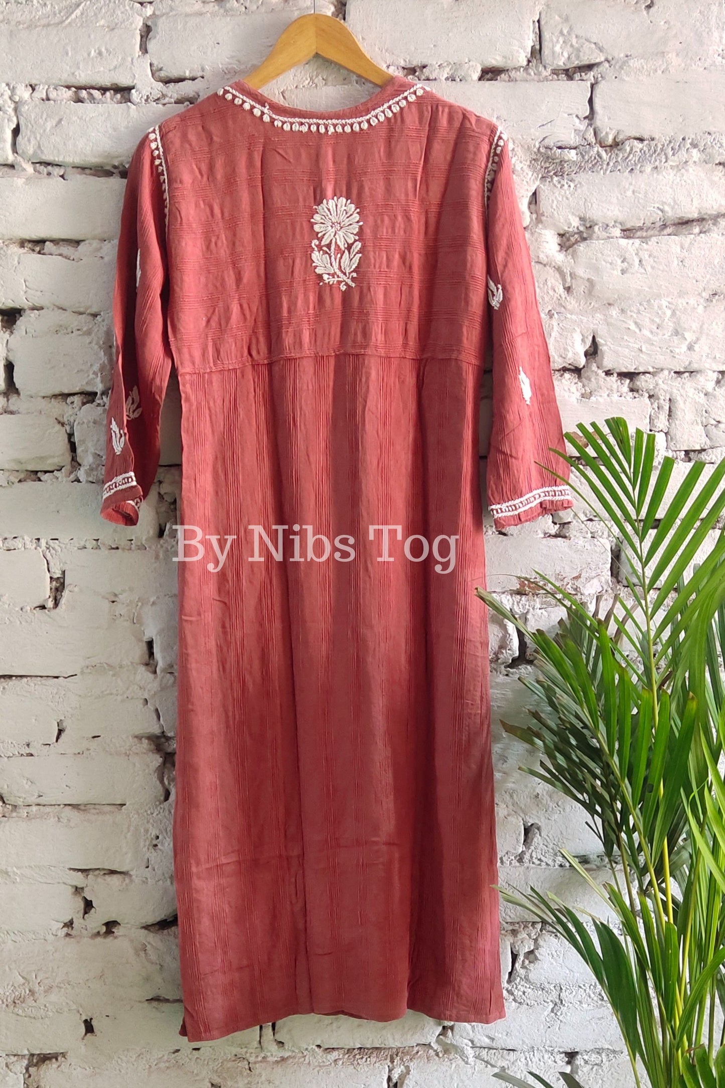 Women's Straight Cotton Lucknowi Chikankari Kurta Nude Rust