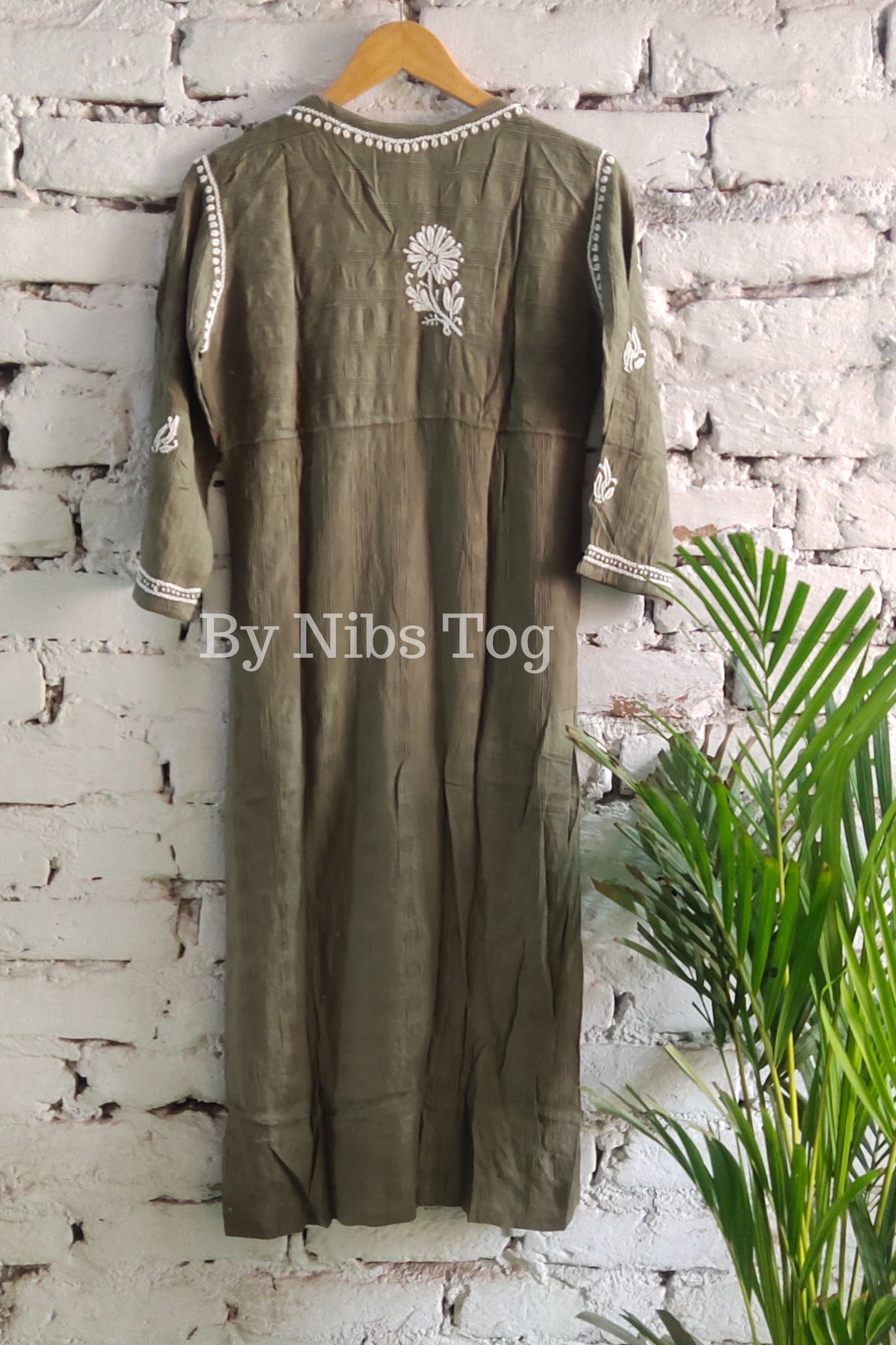 Lucknowi Chikankari Kurti for Women Cotton Olive Green