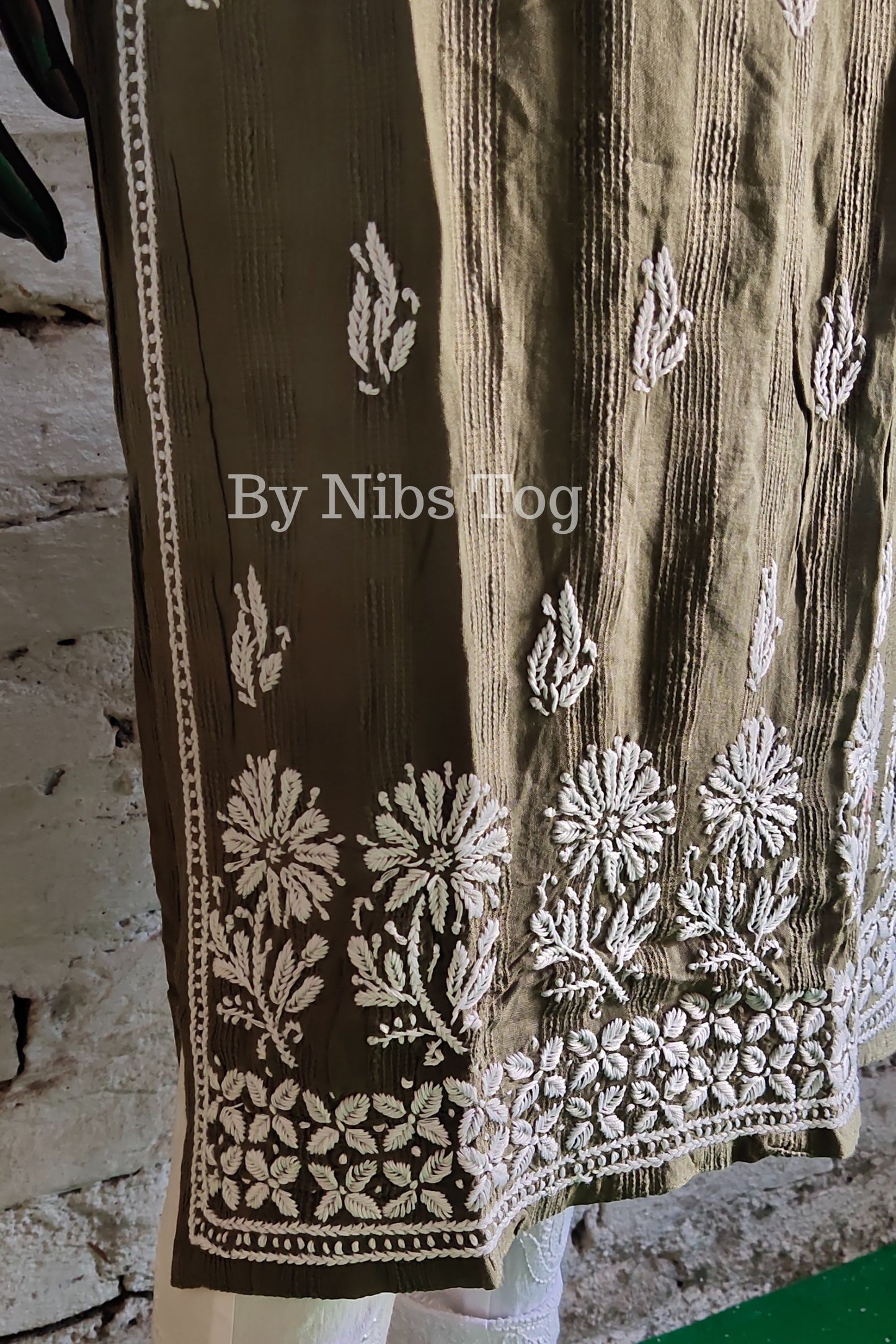 Lucknowi Chikankari Kurti for Women Cotton Olive Green
