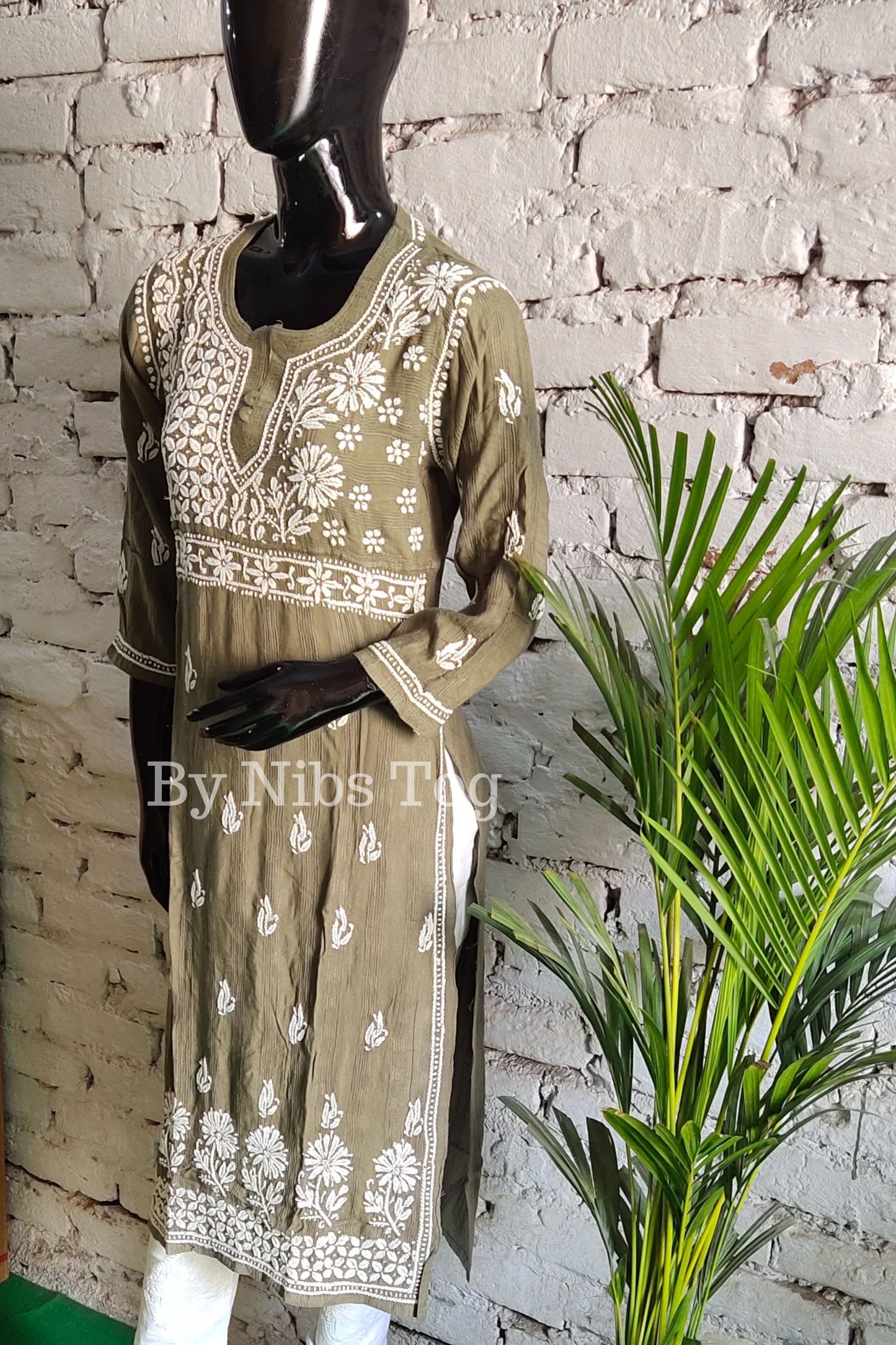Lucknowi Chikankari Kurti for Women Cotton Olive Green