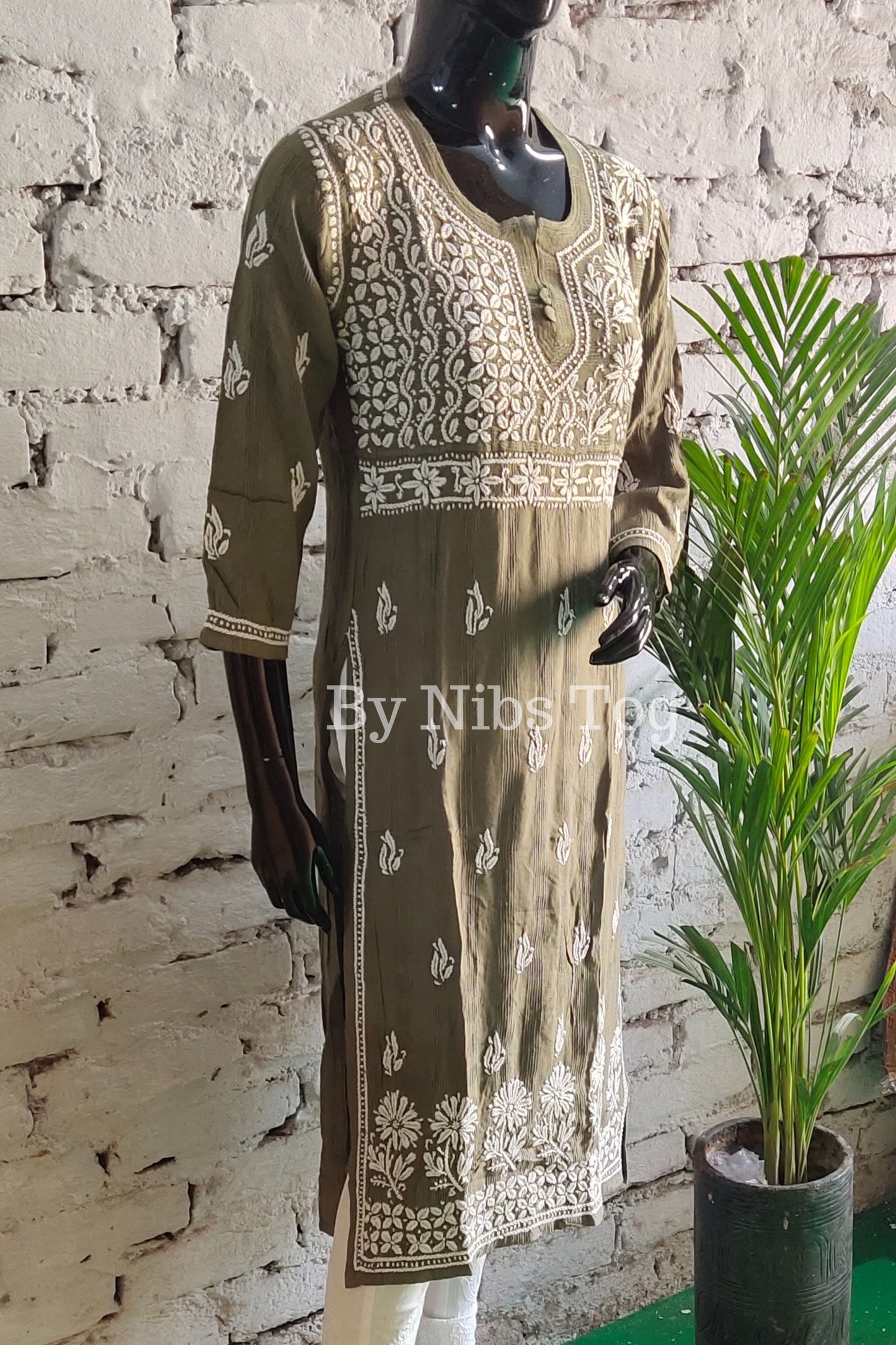 Lucknowi Chikankari Kurti for Women Cotton Olive Green
