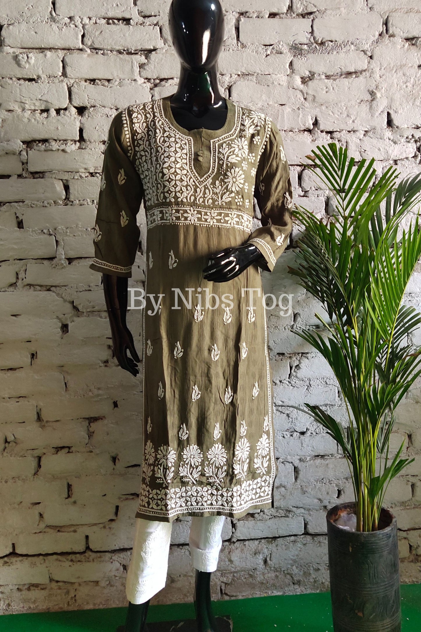 Lucknowi Chikankari Kurti for Women Cotton Olive Green