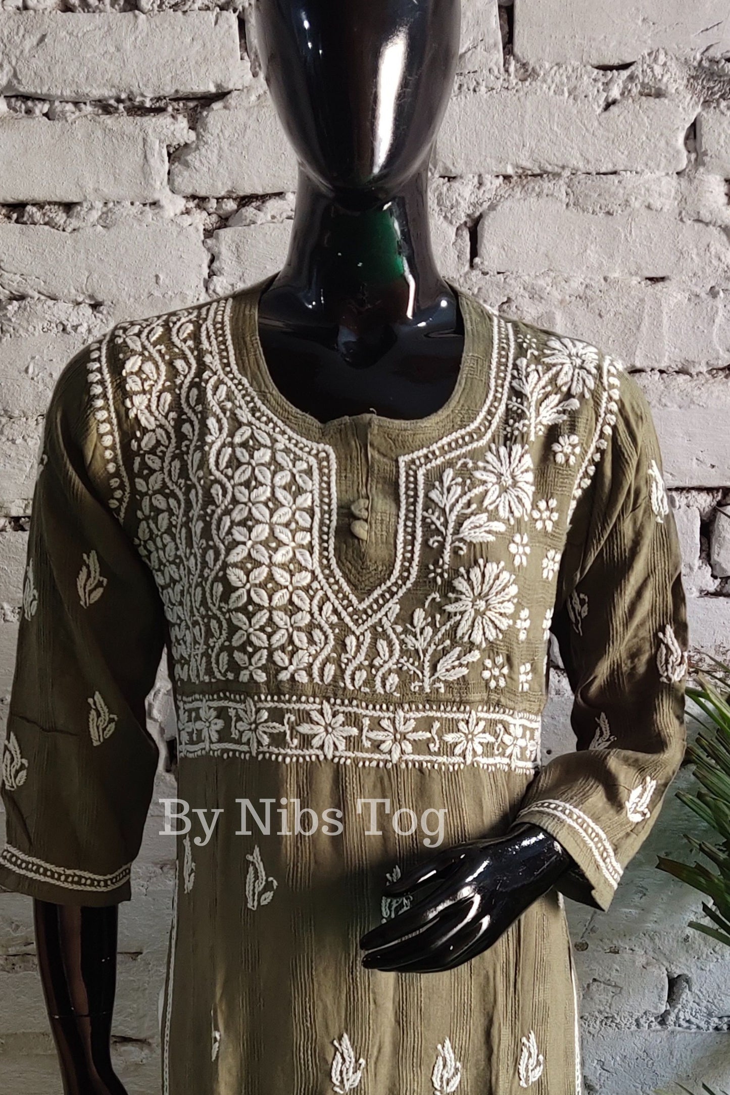 Lucknowi Chikankari Kurti for Women Cotton Olive Green
