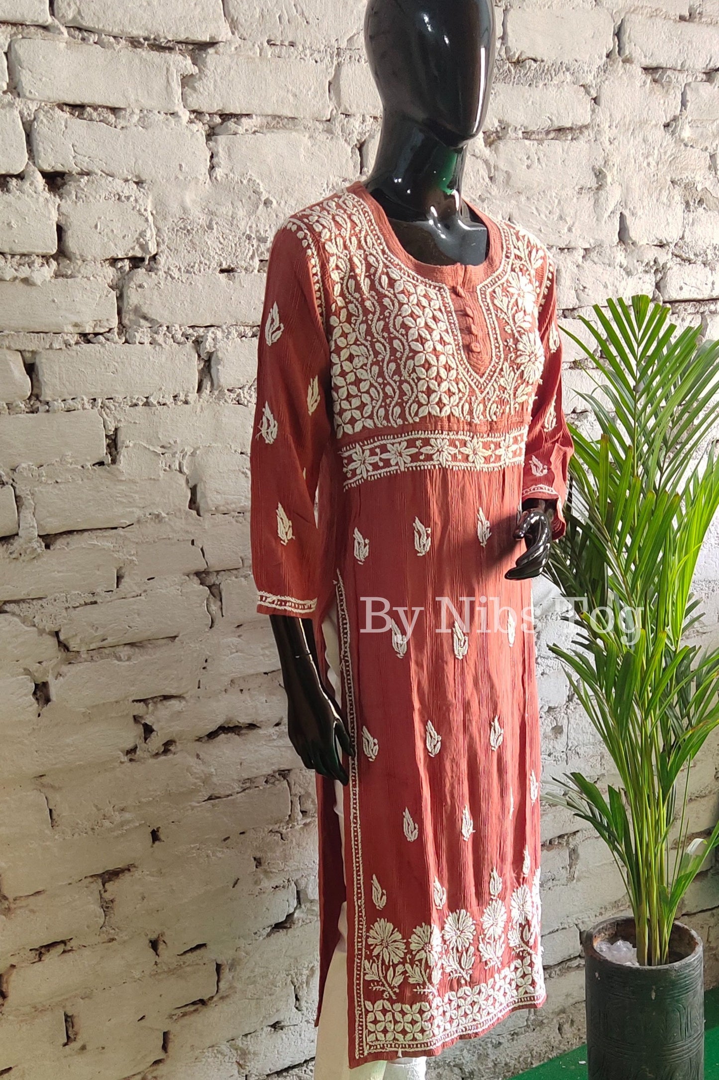 Women's Straight Cotton Lucknowi Chikankari Kurta Nude Rust