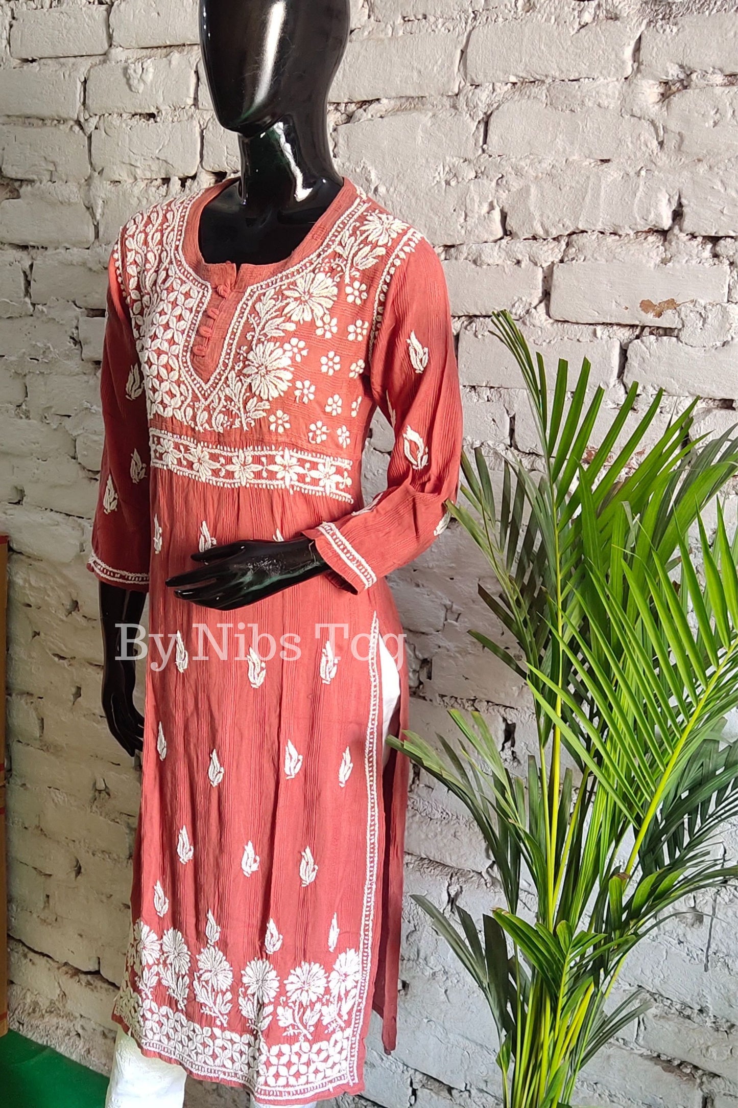 Women's Straight Cotton Lucknowi Chikankari Kurta Nude Rust