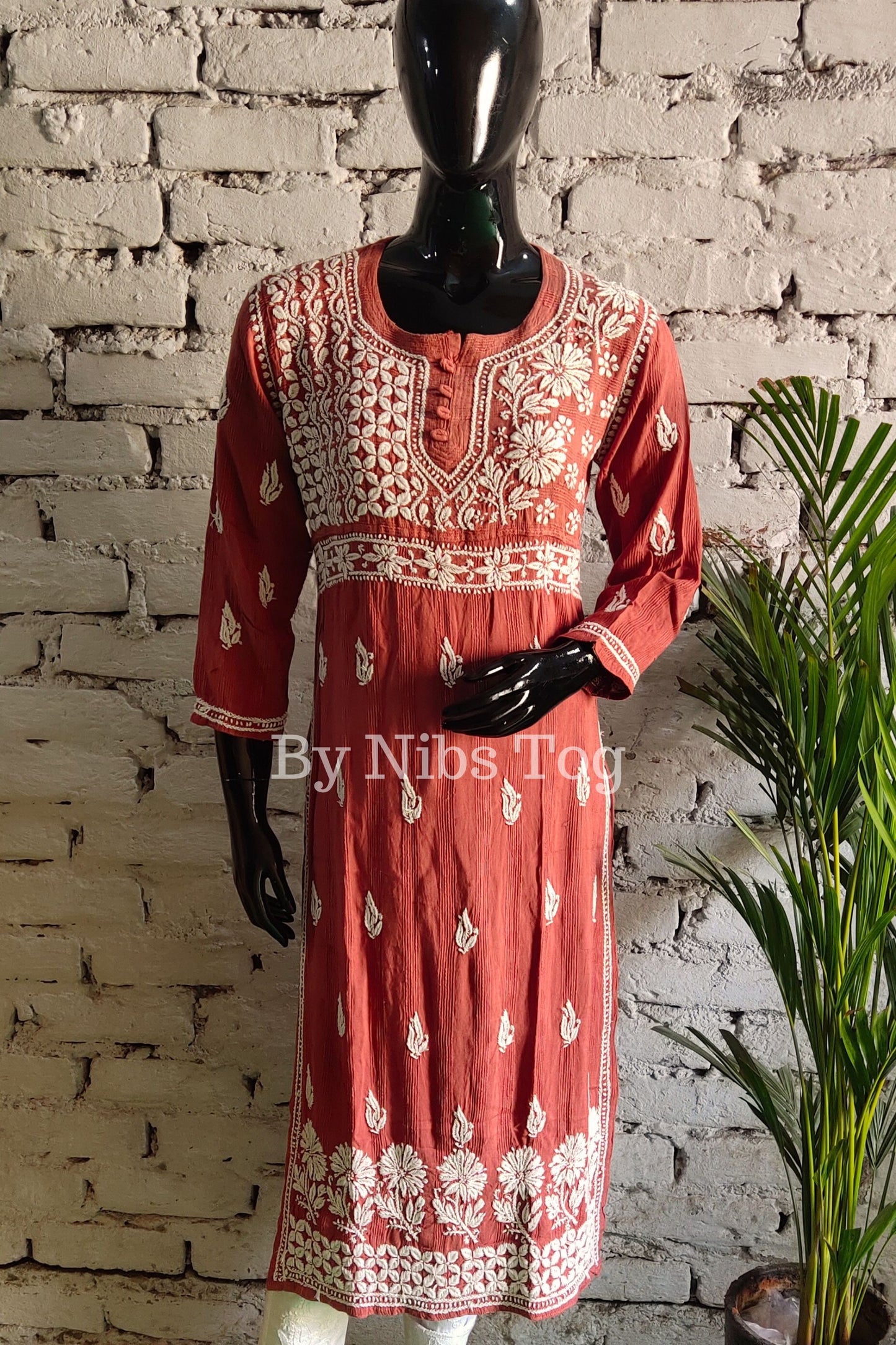 Women's Straight Cotton Lucknowi Chikankari Kurta Nude Rust