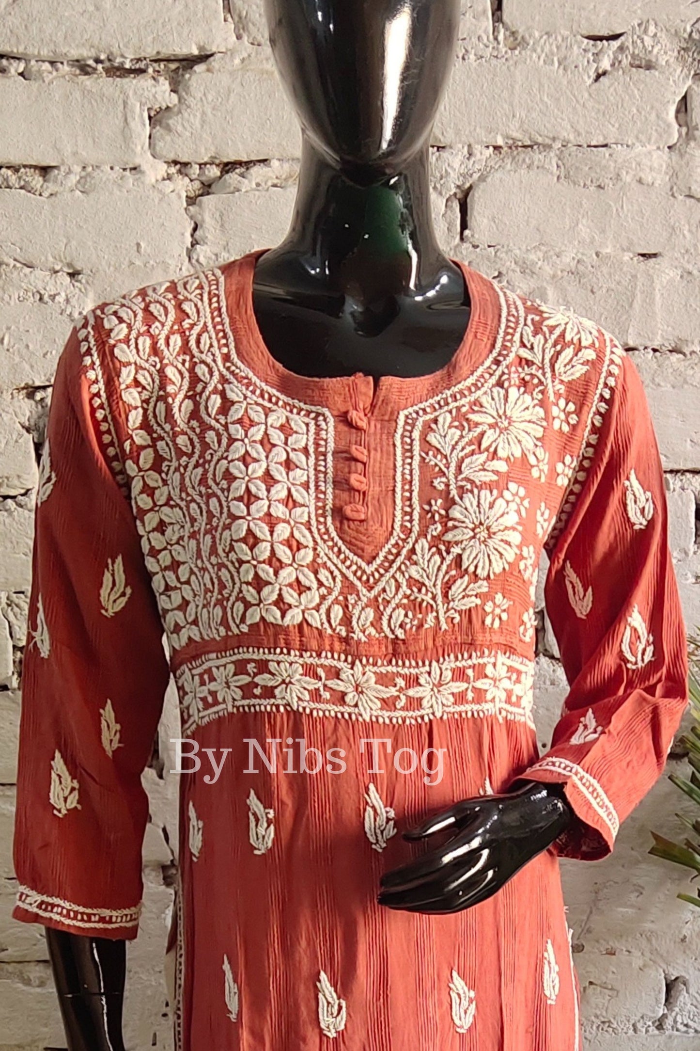 Women's Straight Cotton Lucknowi Chikankari Kurta Nude Rust