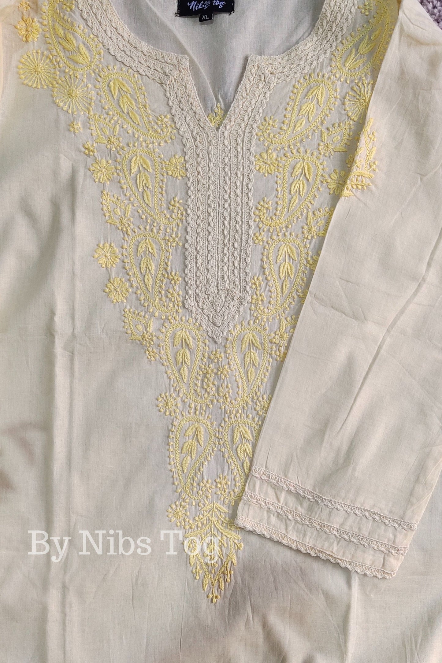 Lemon Yellow Straight Cotton Chikankari Kurti for Women
