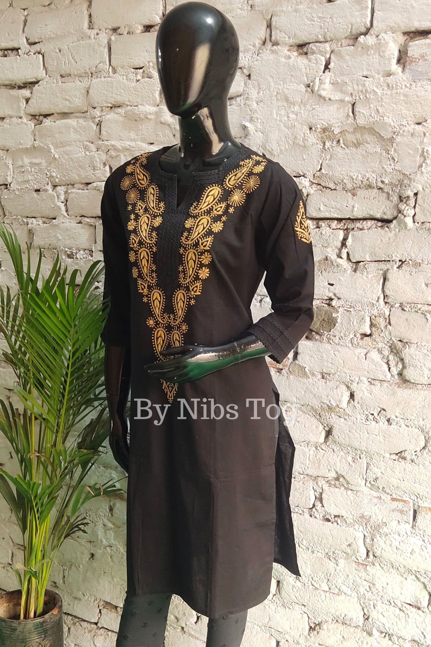 Knee Length Straight Cotton Chikankari Kurti for Women Black