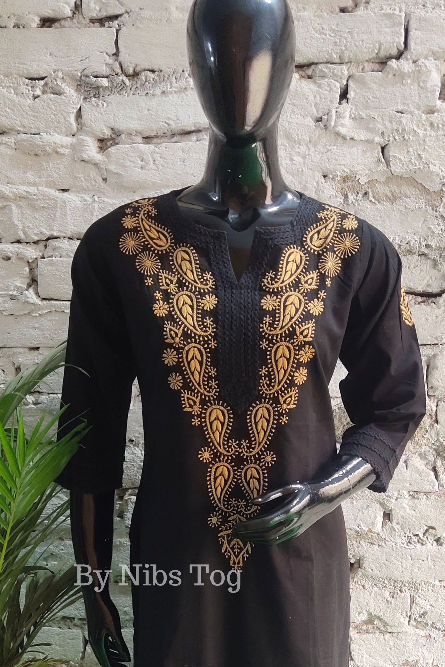 Knee Length Straight Cotton Chikankari Kurti for Women Black