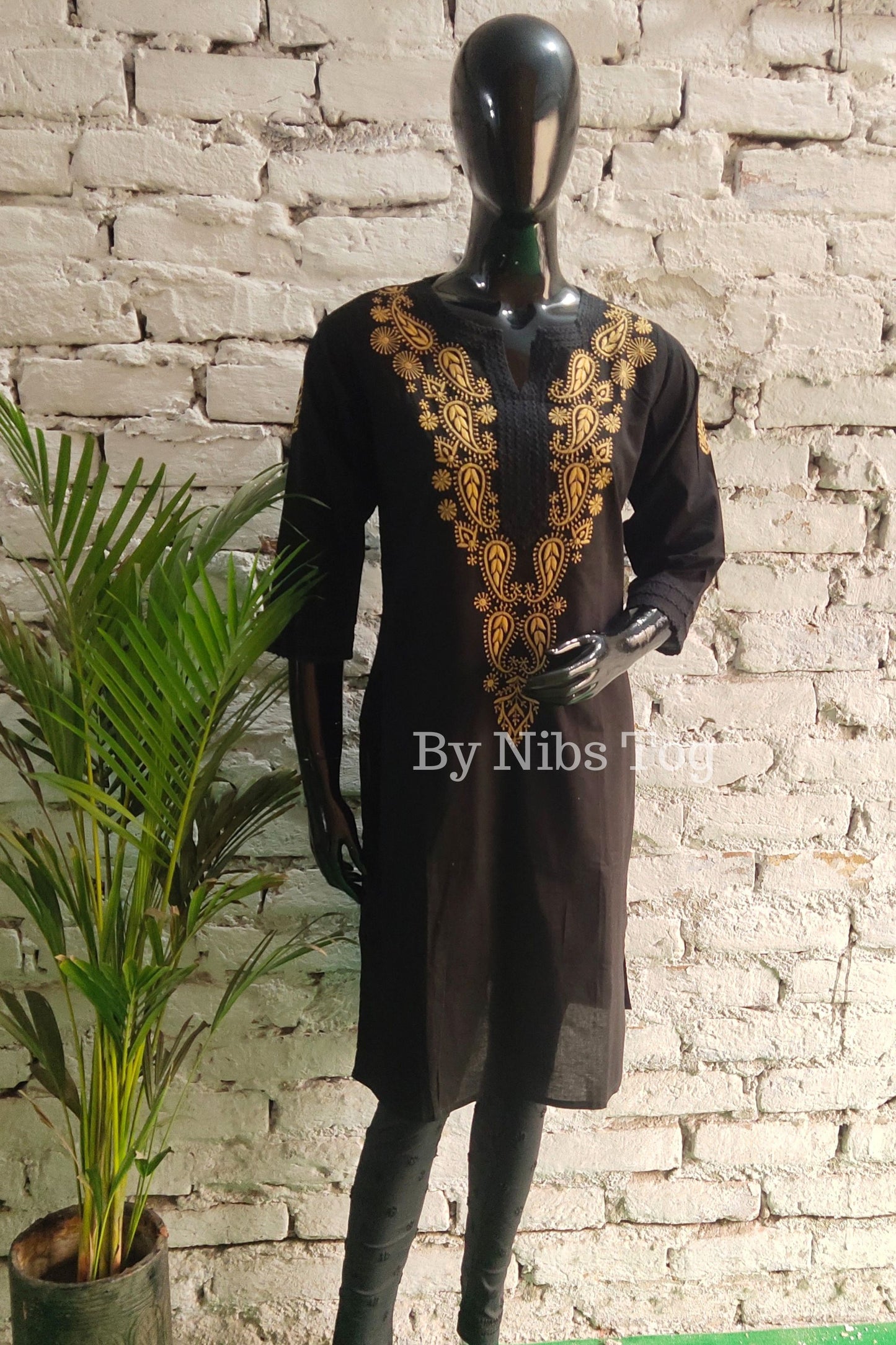 Knee Length Straight Cotton Chikankari Kurti for Women Black