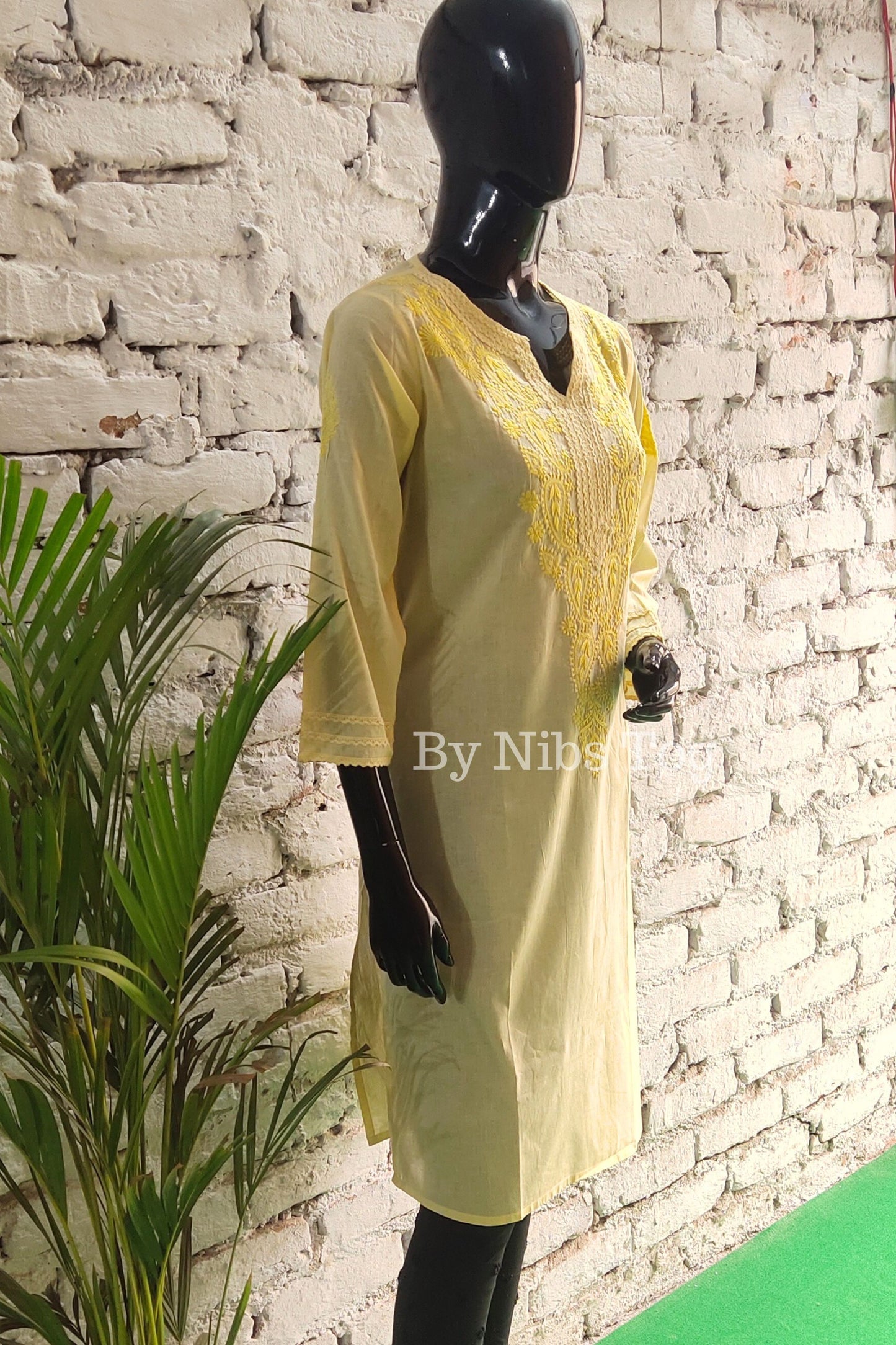 Lemon Yellow Straight Cotton Chikankari Kurti for Women