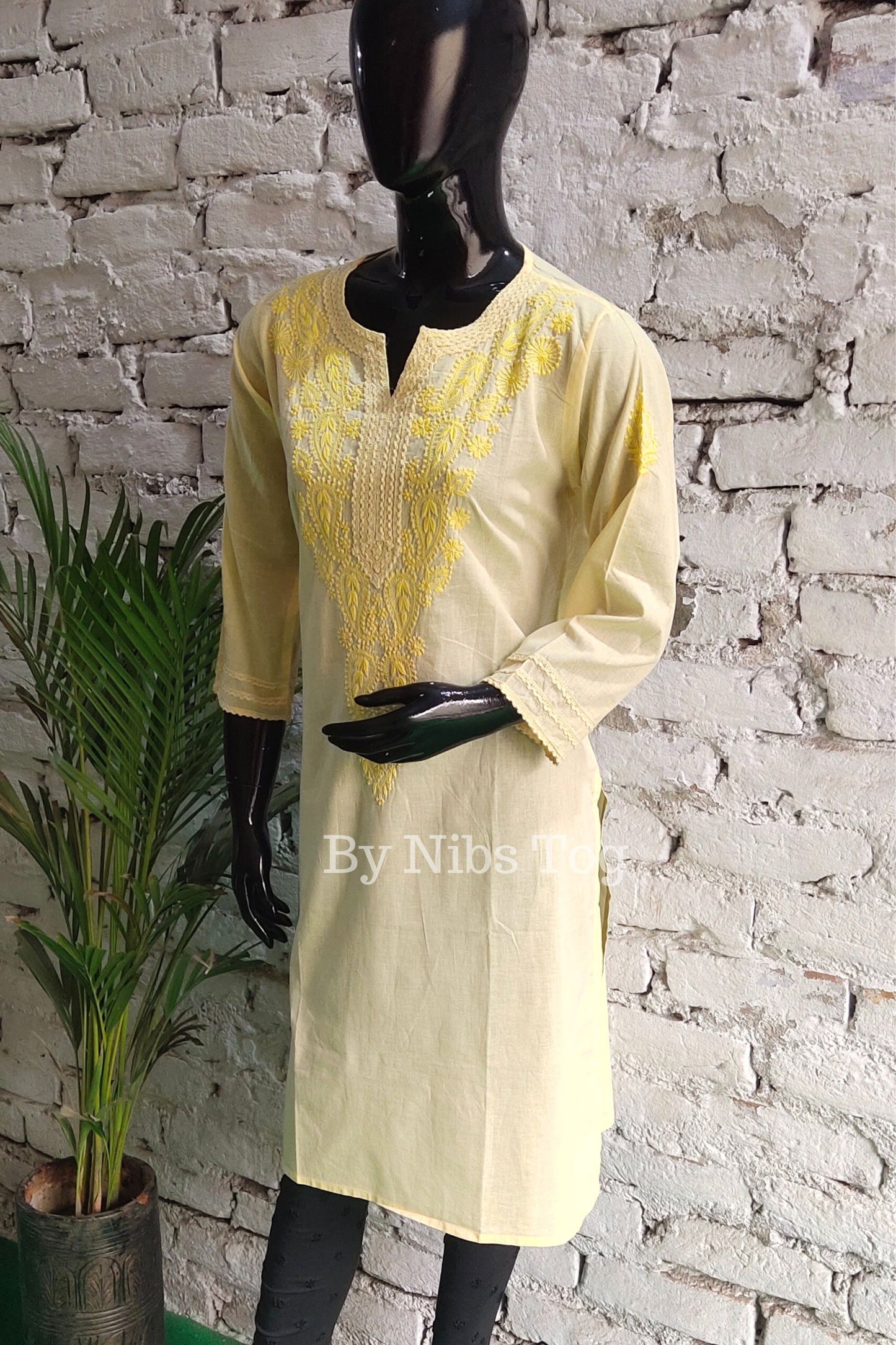 Lemon Yellow Straight Cotton Chikankari Kurti for Women