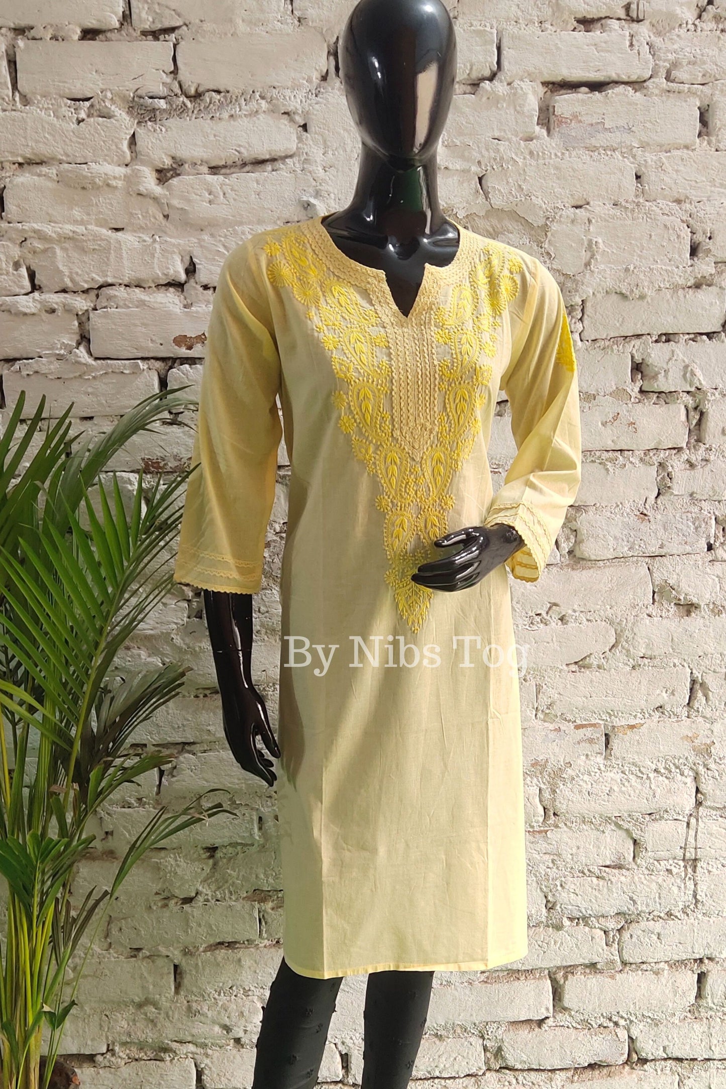 Lemon Yellow Straight Cotton Chikankari Kurti for Women