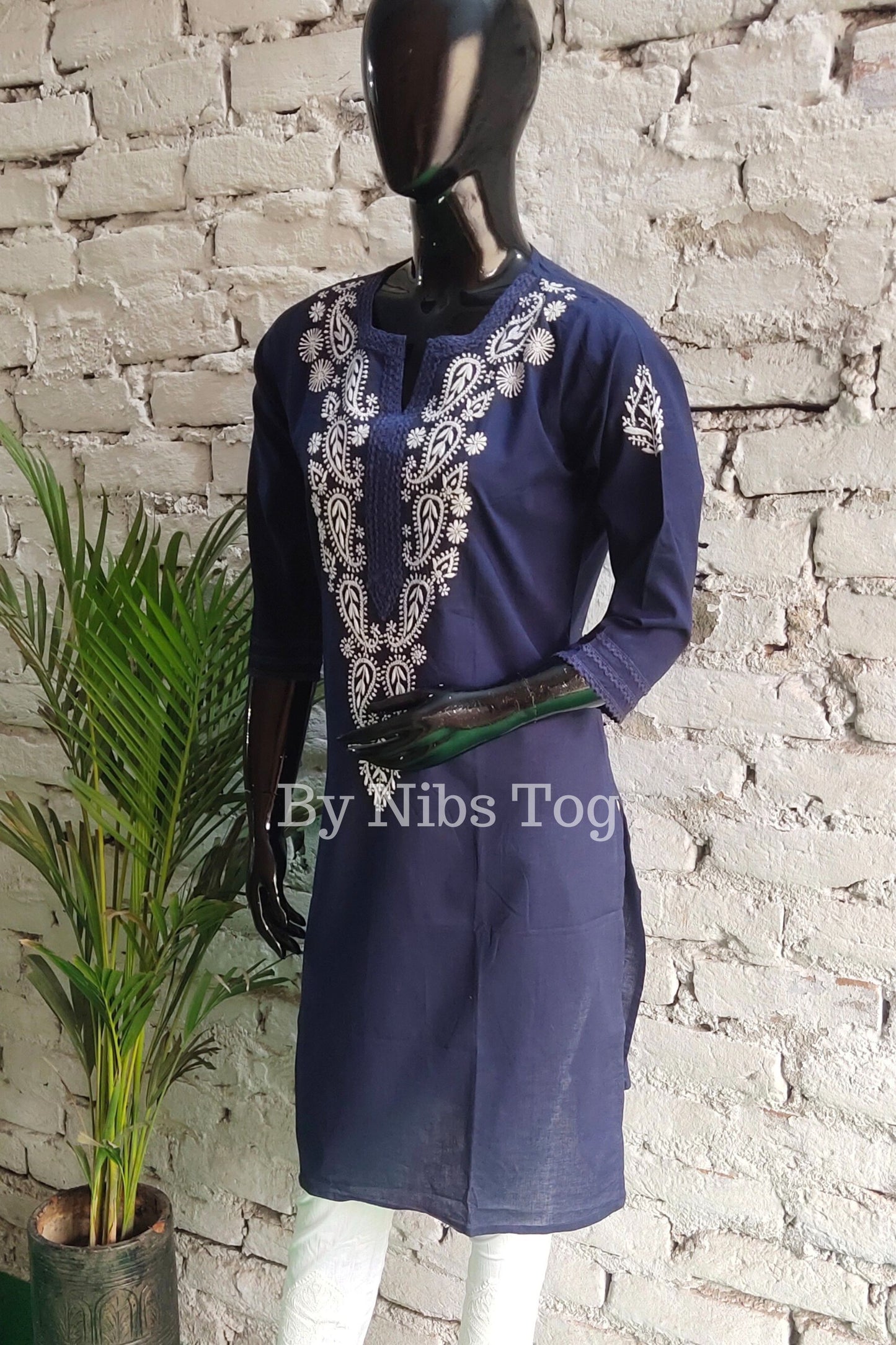 Cotton Lucknowi Chikankari Kurti for Women Indigo Blue