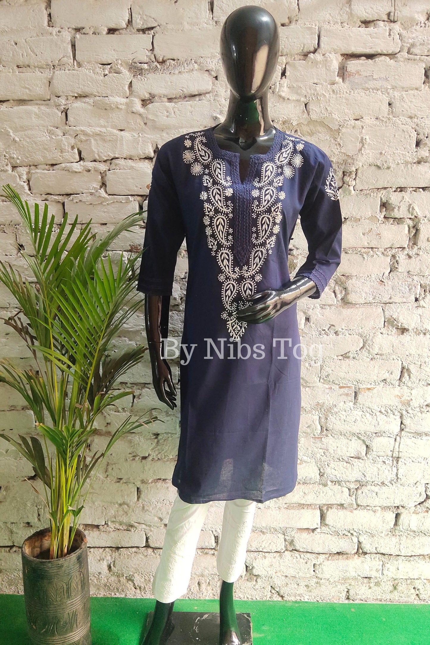 Cotton Lucknowi Chikankari Kurti for Women Indigo Blue