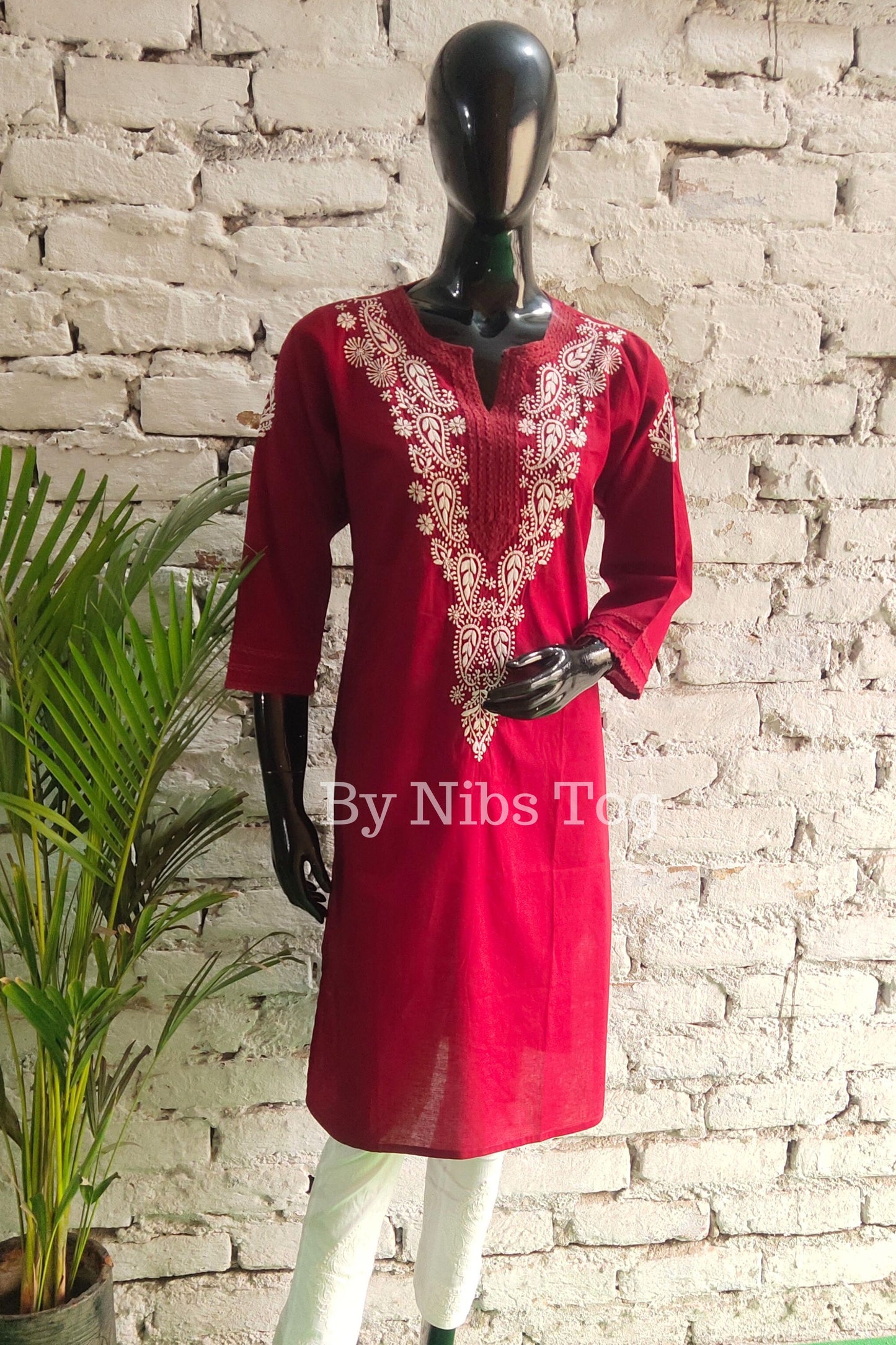 Pure Cotton Lucknowi Chikankari Kurta for Women Deep Red