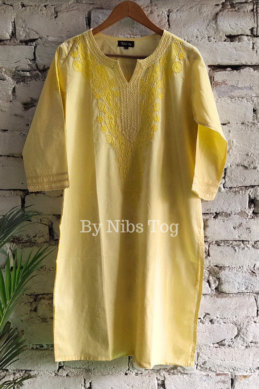 Lemon Yellow Straight Cotton Chikankari Kurti for Women