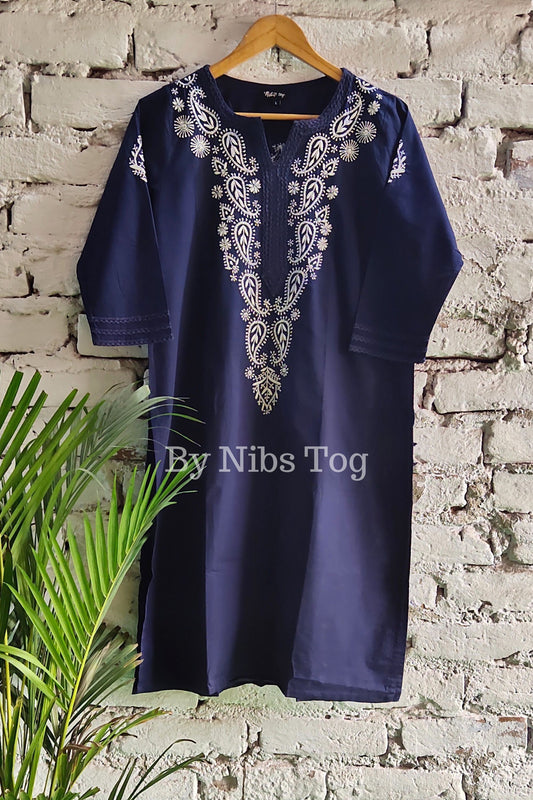 Cotton Lucknowi Chikankari Kurti for Women Indigo Blue