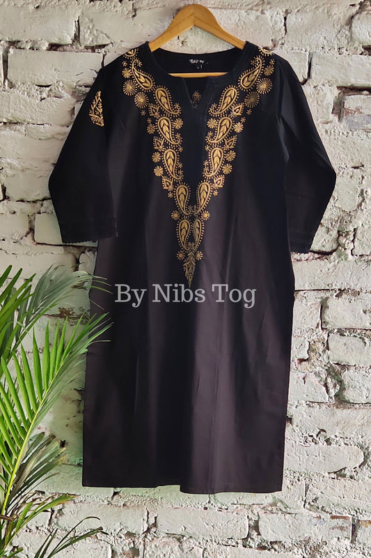 Knee Length Straight Cotton Chikankari Kurti for Women Black