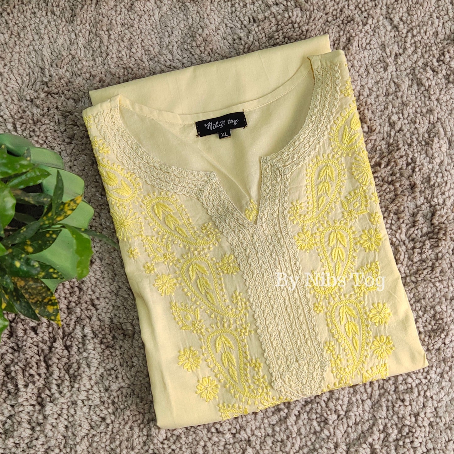 Lemon Yellow Straight Cotton Chikankari Kurti for Women