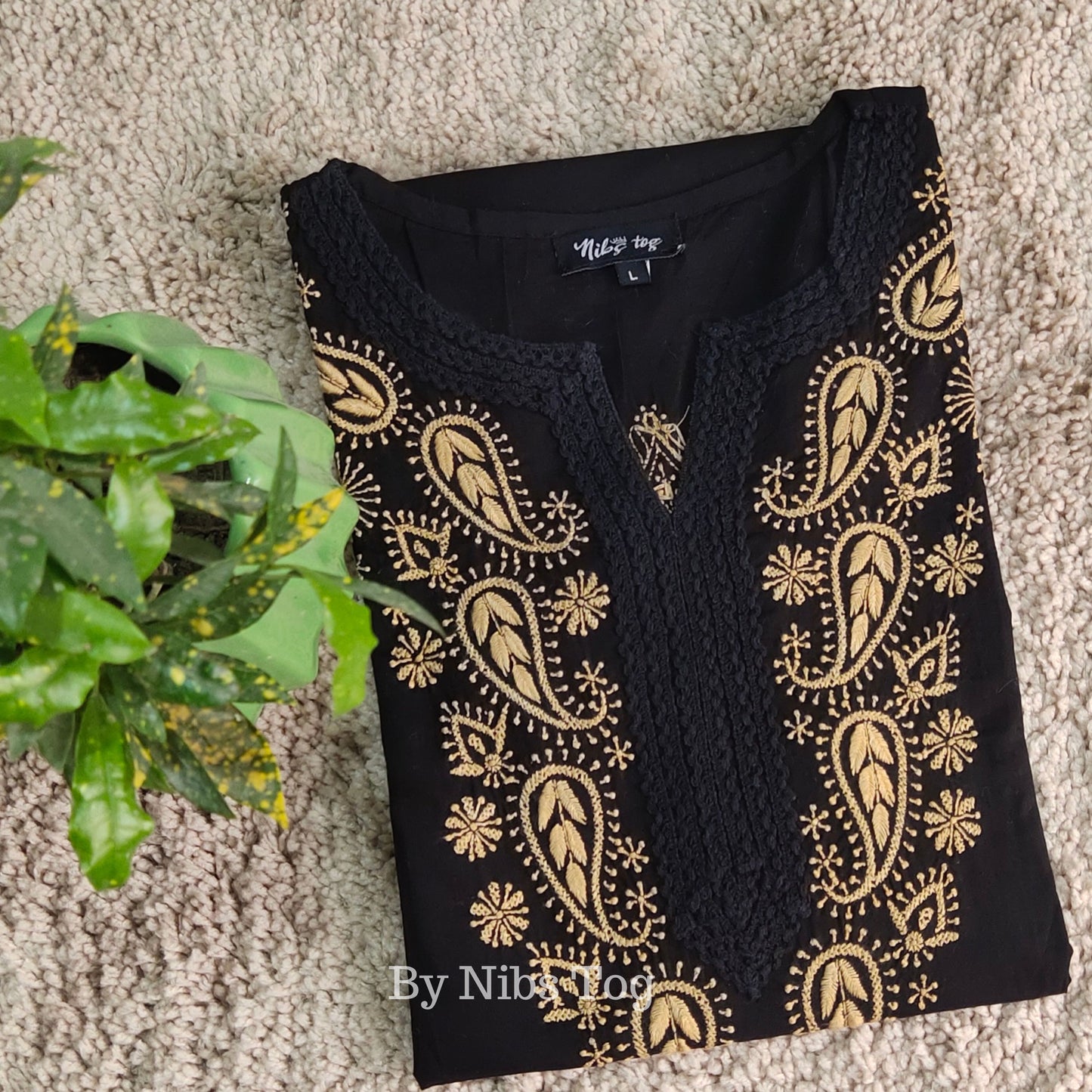 Knee Length Straight Cotton Chikankari Kurti for Women Black