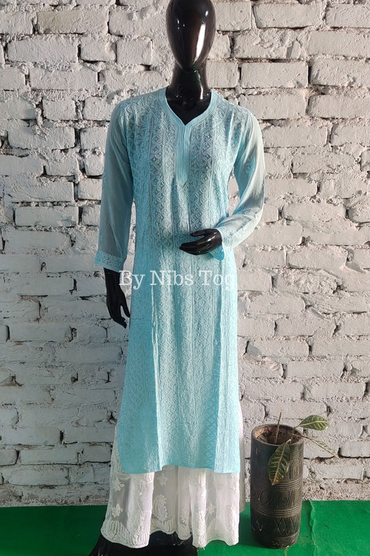 Light Blue Women's Straight Chikankari Kurta Viscose Georgette with FREE Slip