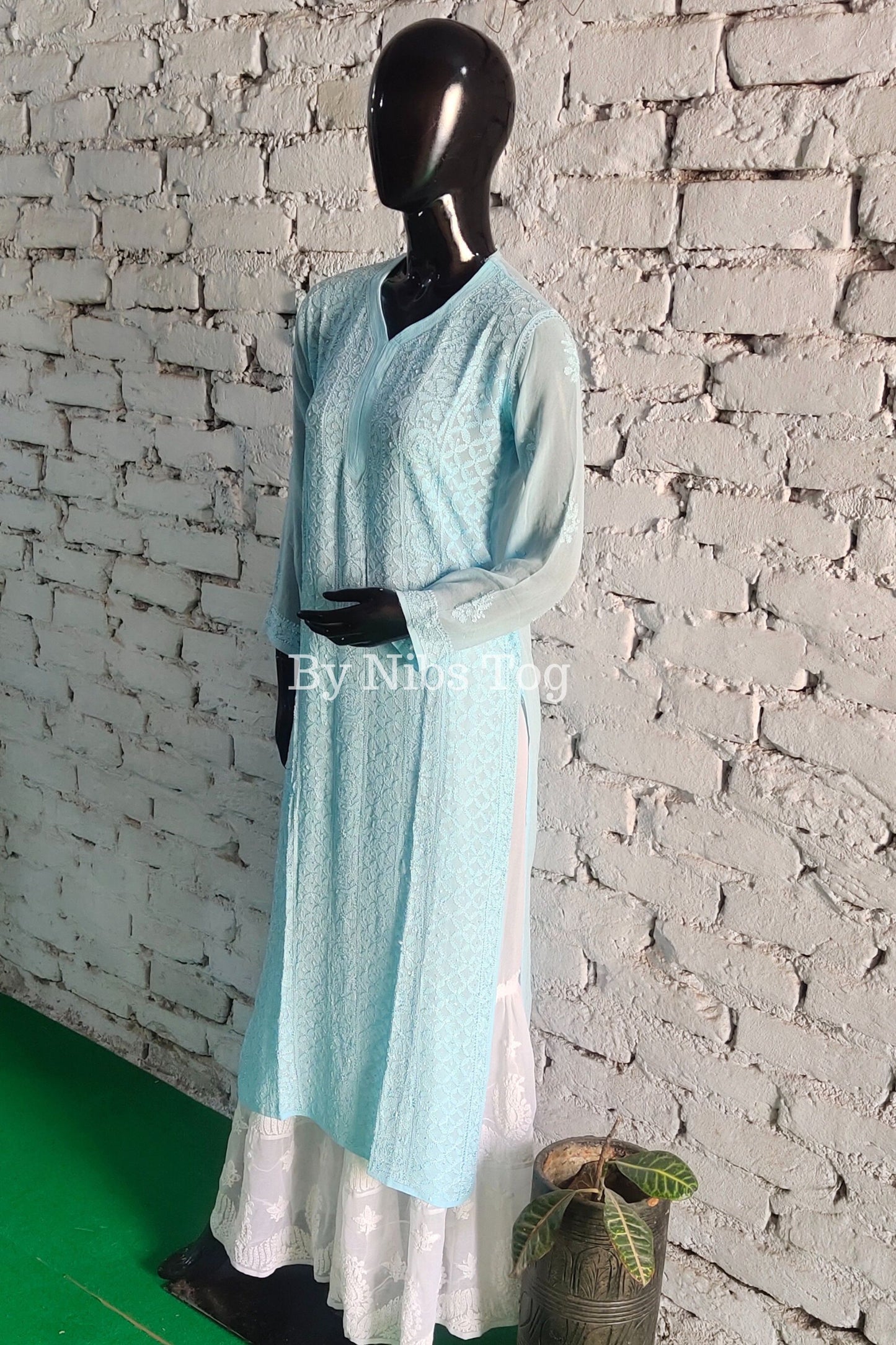 Light Blue Women's Straight Chikankari Kurta Viscose Georgette with FREE Slip