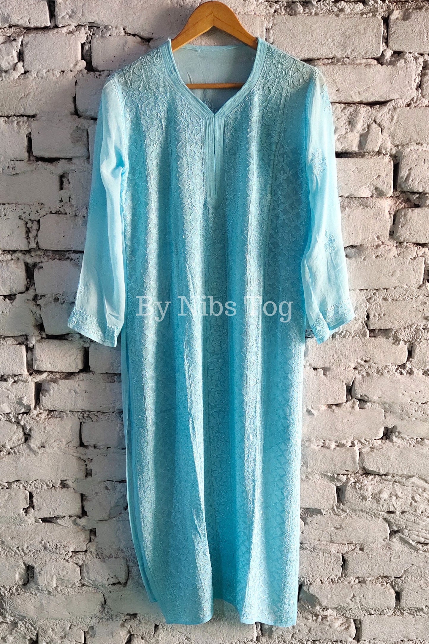 Light Blue Women's Straight Chikankari Kurta Viscose Georgette with FREE Slip