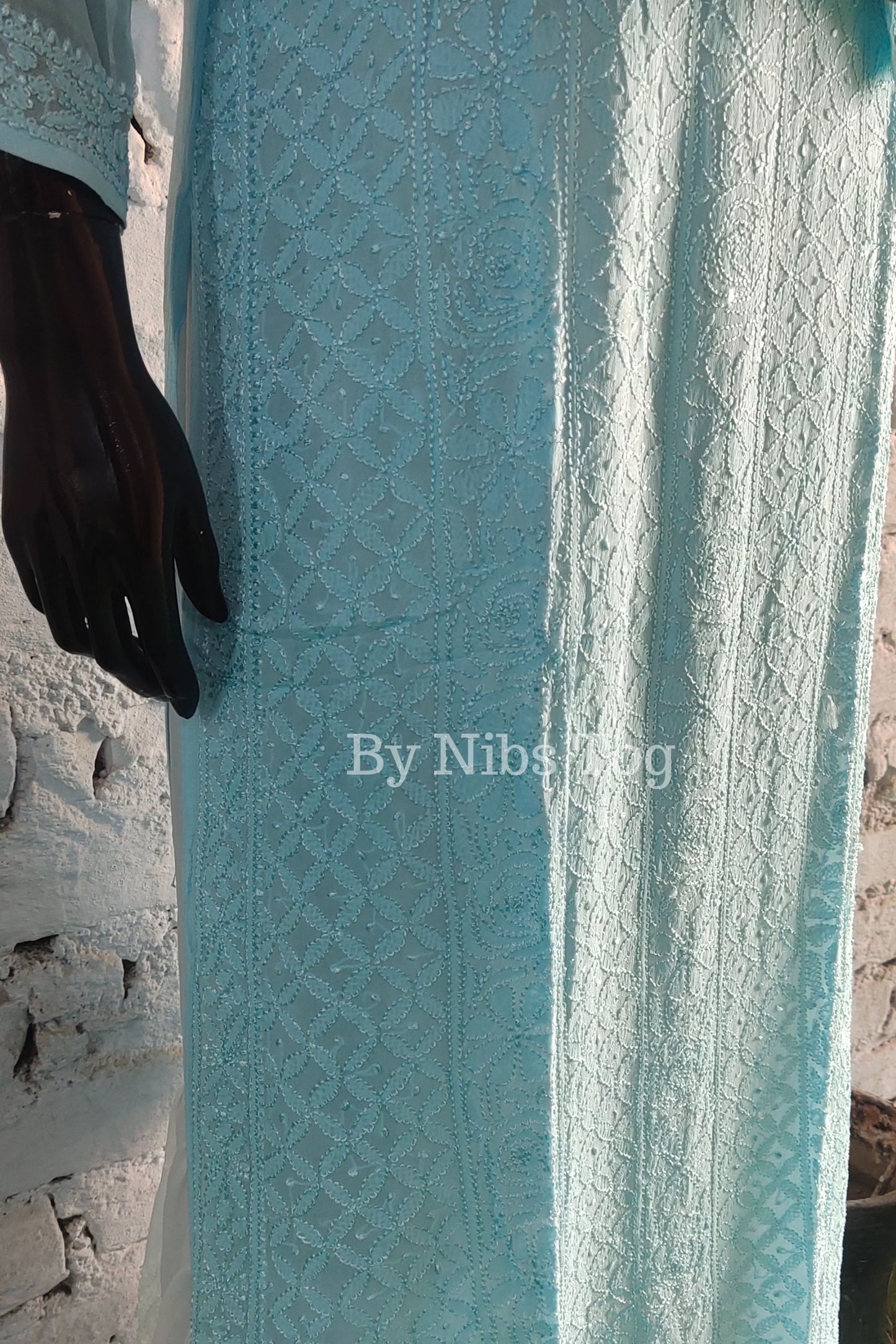 Light Blue Women's Straight Chikankari Kurta Viscose Georgette with FREE Slip