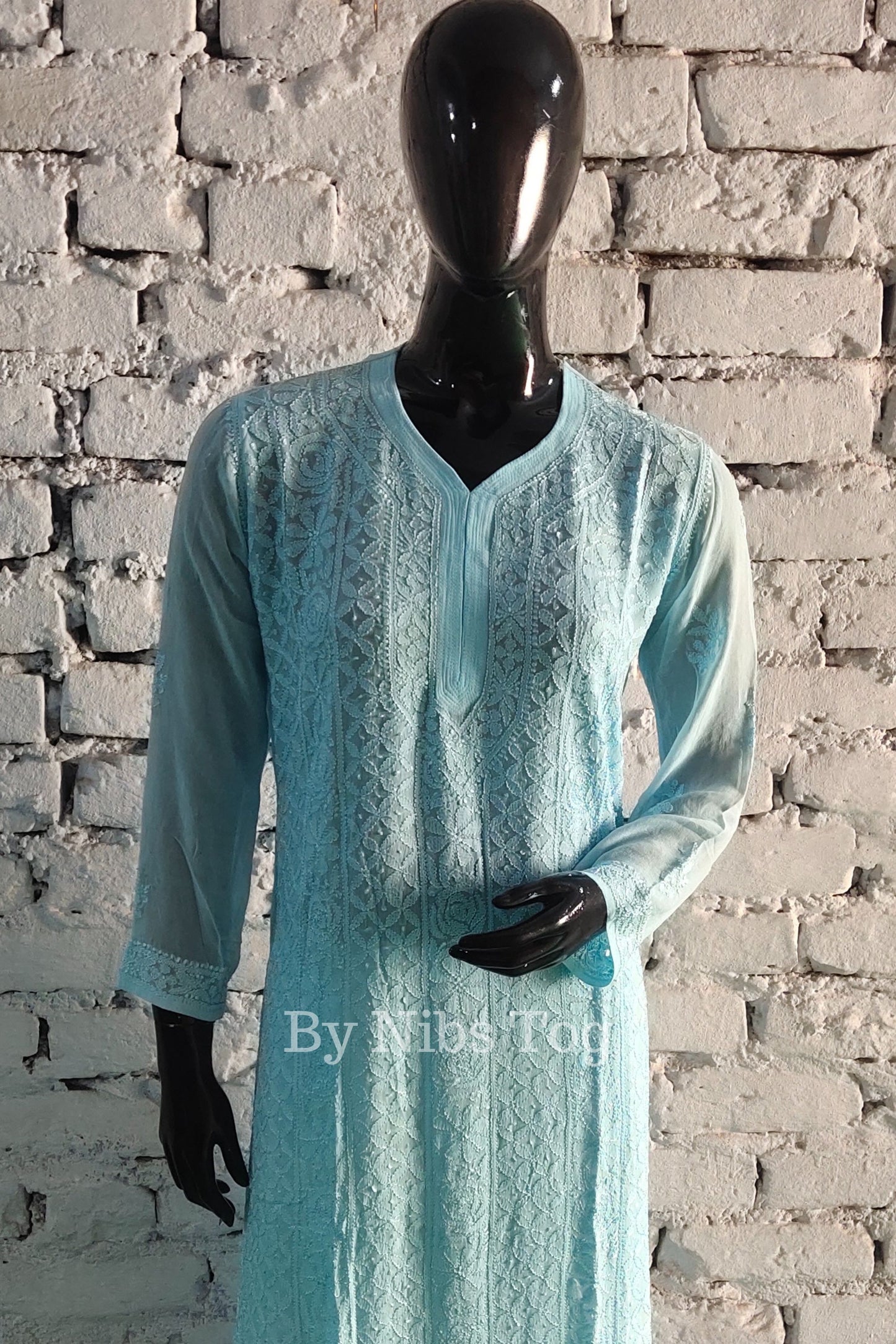 Light Blue Women's Straight Chikankari Kurta Viscose Georgette with FREE Slip