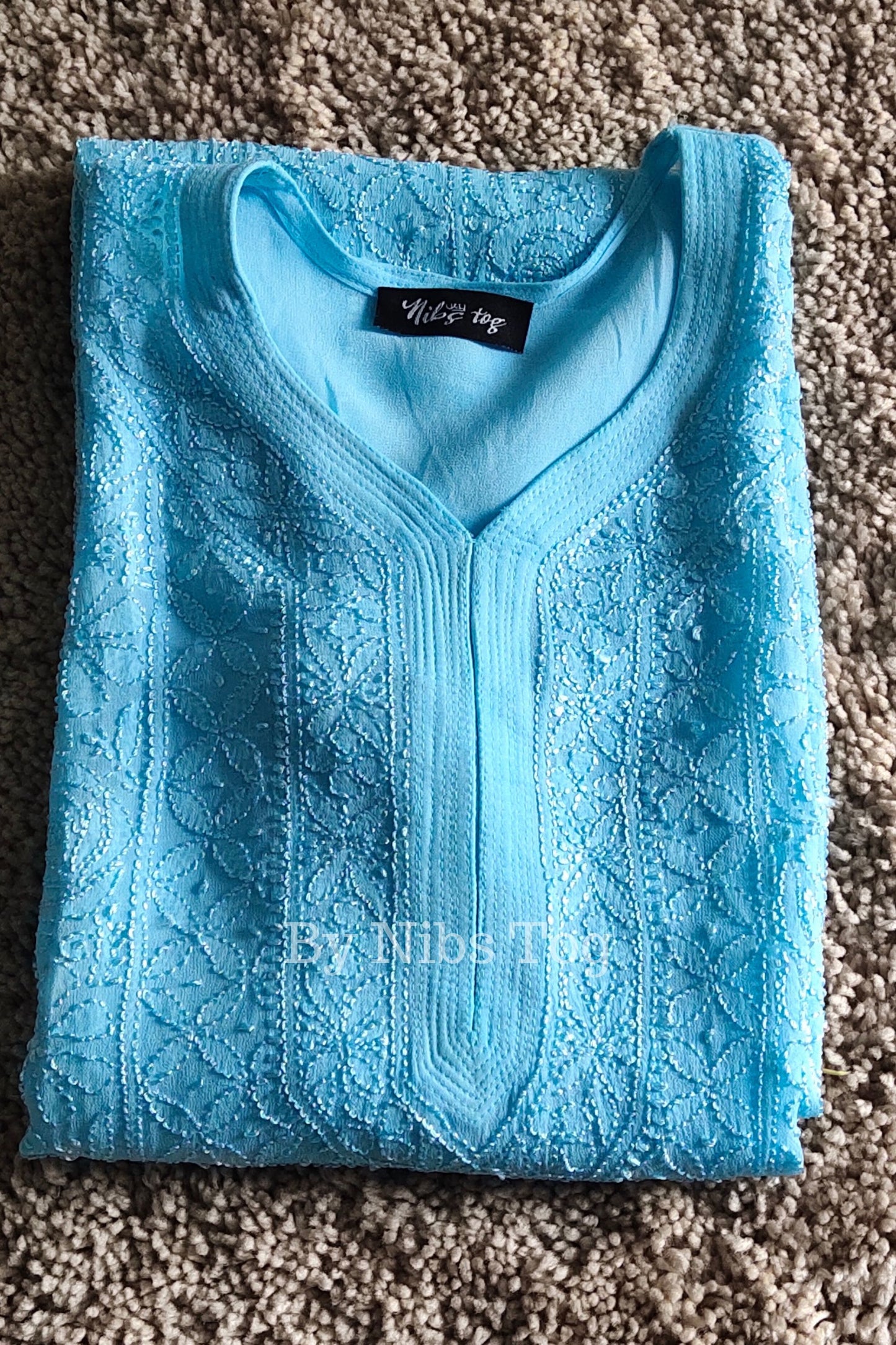 Light Blue Women's Straight Chikankari Kurta Viscose Georgette with FREE Slip