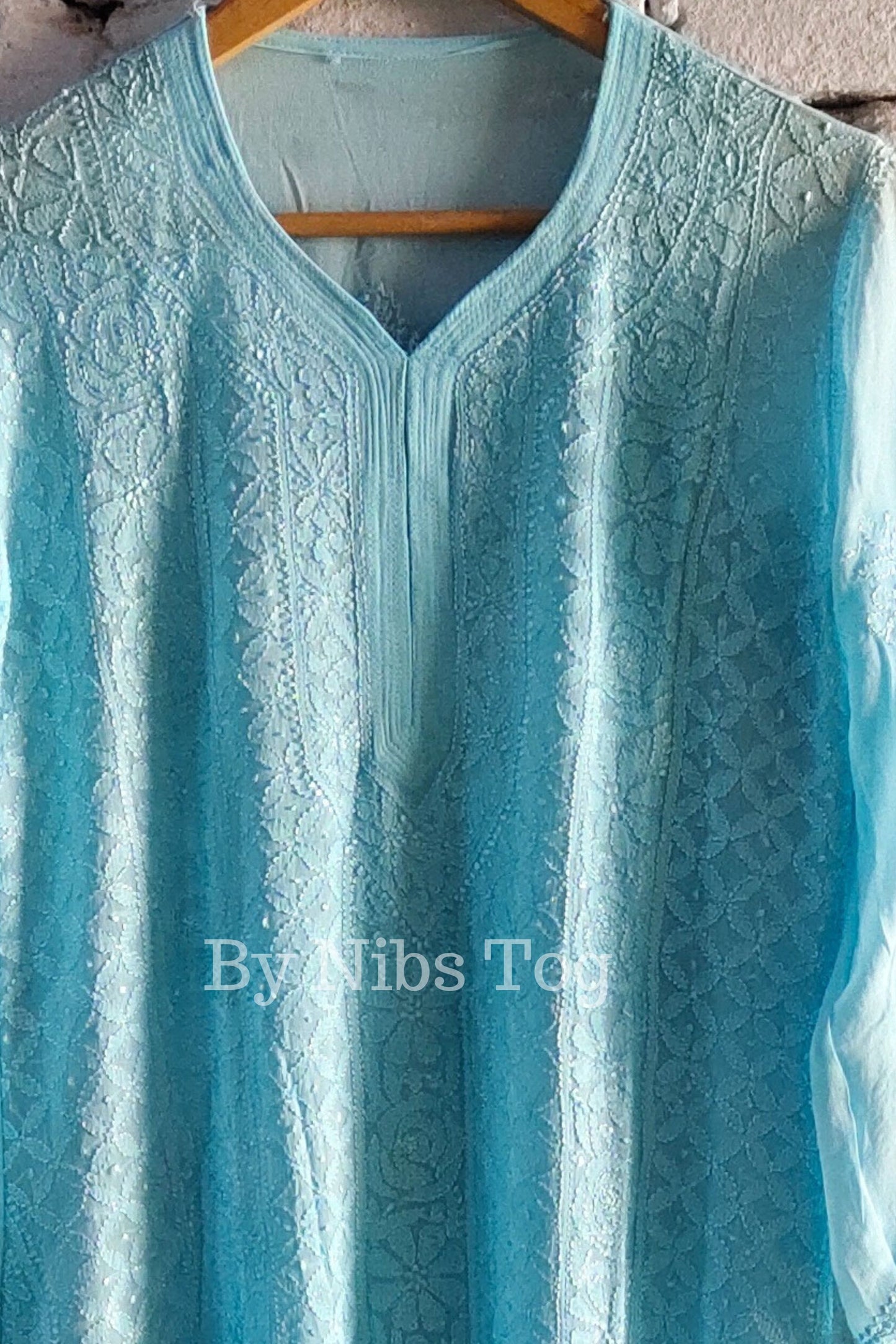 Light Blue Women's Straight Chikankari Kurta Viscose Georgette with FREE Slip
