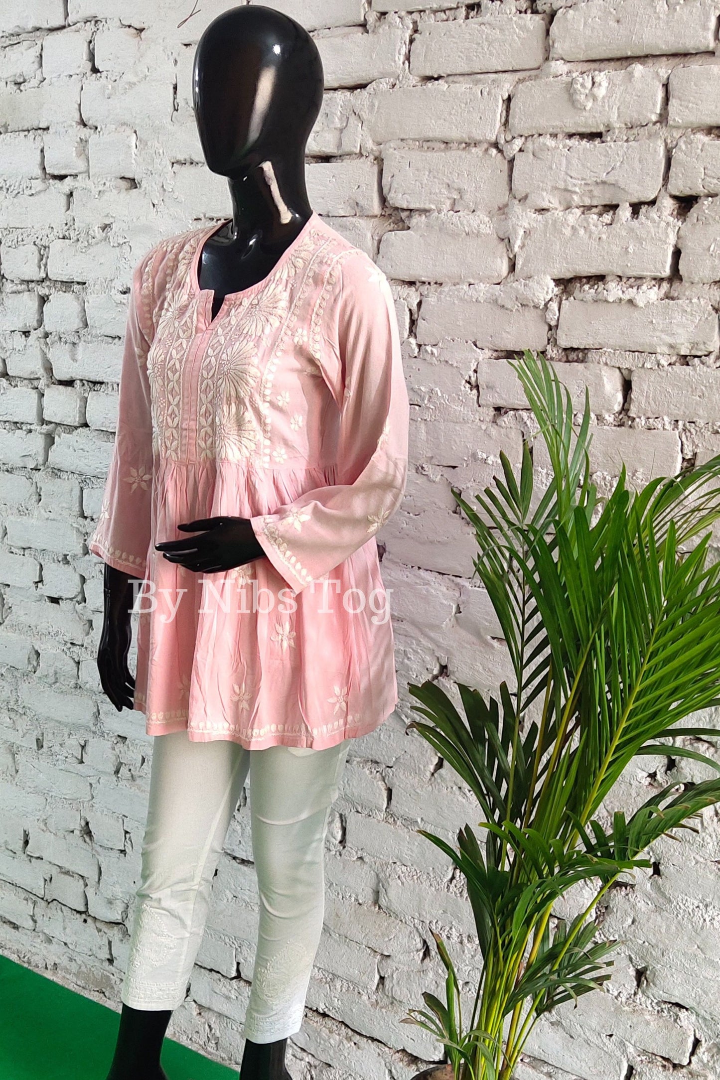 Pink Cotton Chikankari Short Kurta frock style for Women