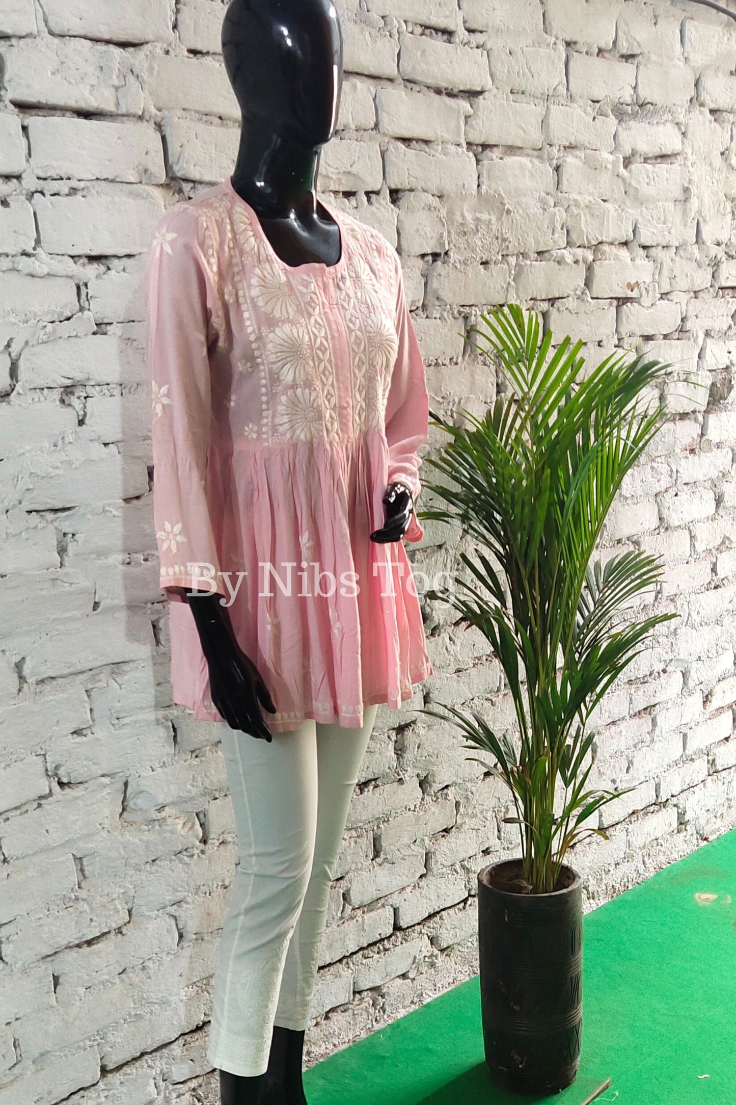 Pink Cotton Chikankari Short Kurta frock style for Women