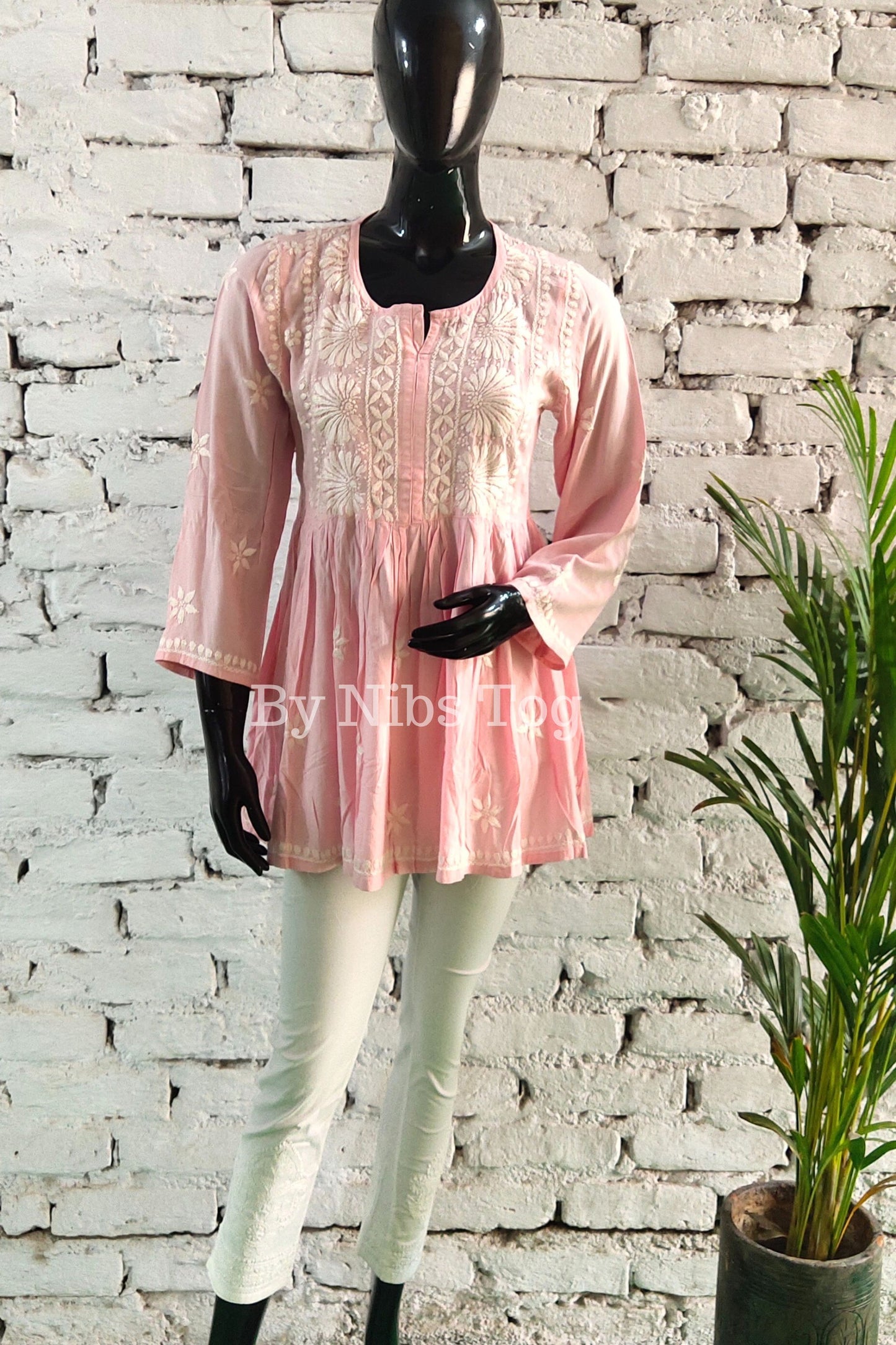 Pink Cotton Chikankari Short Kurta frock style for Women