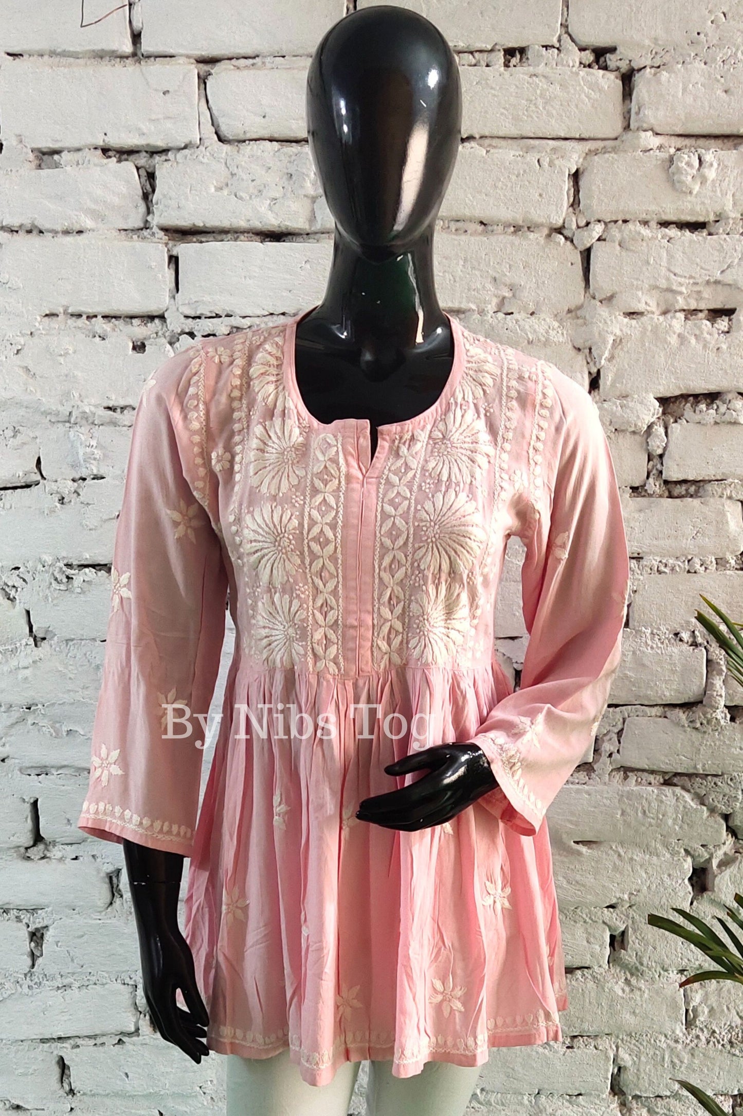 Pink Cotton Chikankari Short Kurta frock style for Women