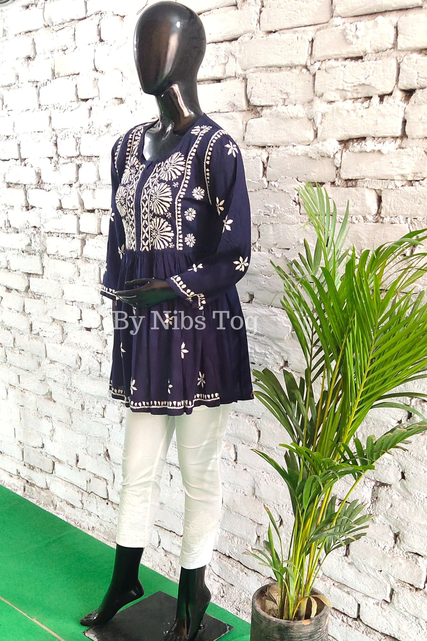 Blue Cotton Chikankari Short Kurta frock style for Women
