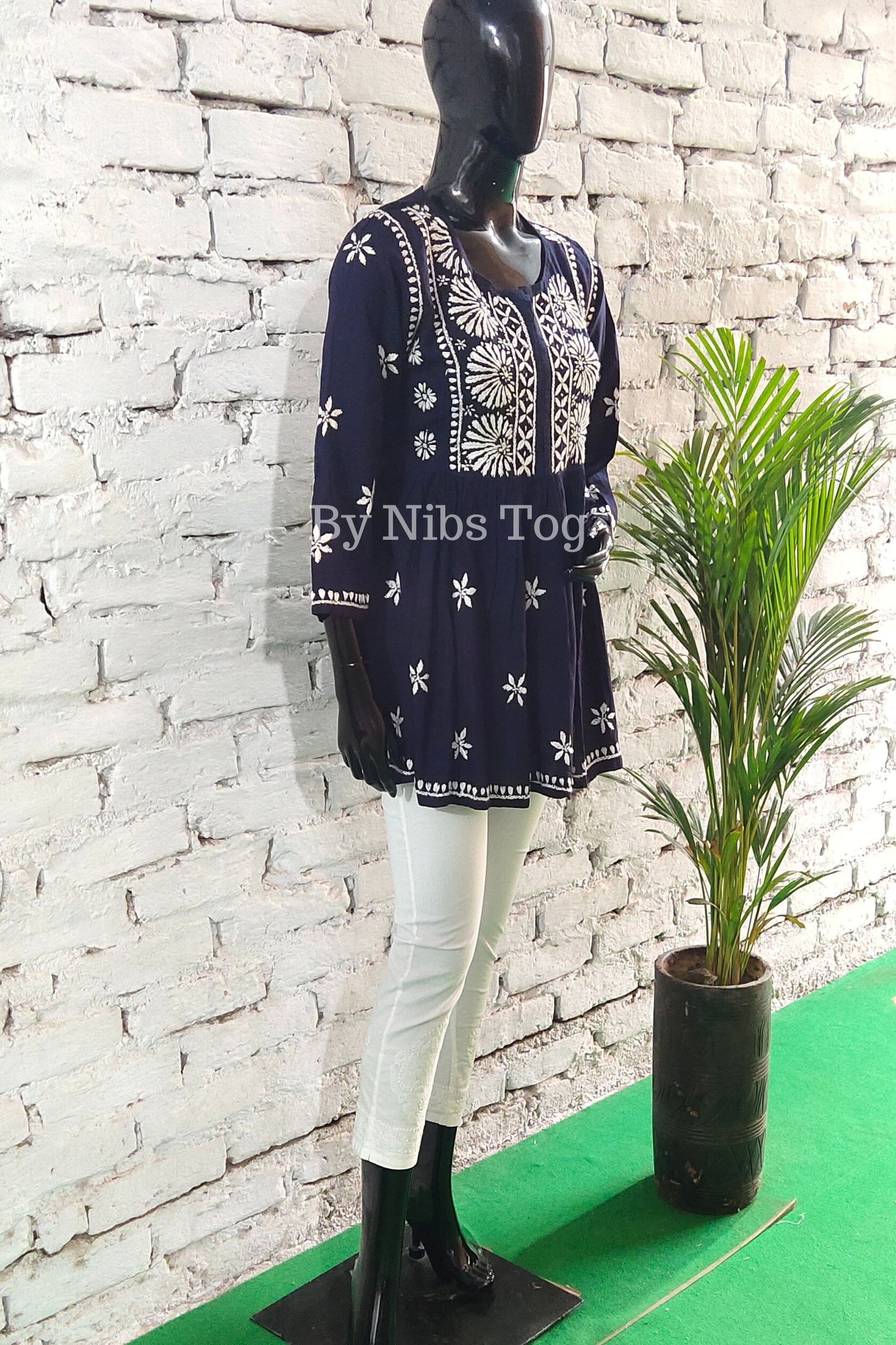 Blue Cotton Chikankari Short Kurta frock style for Women