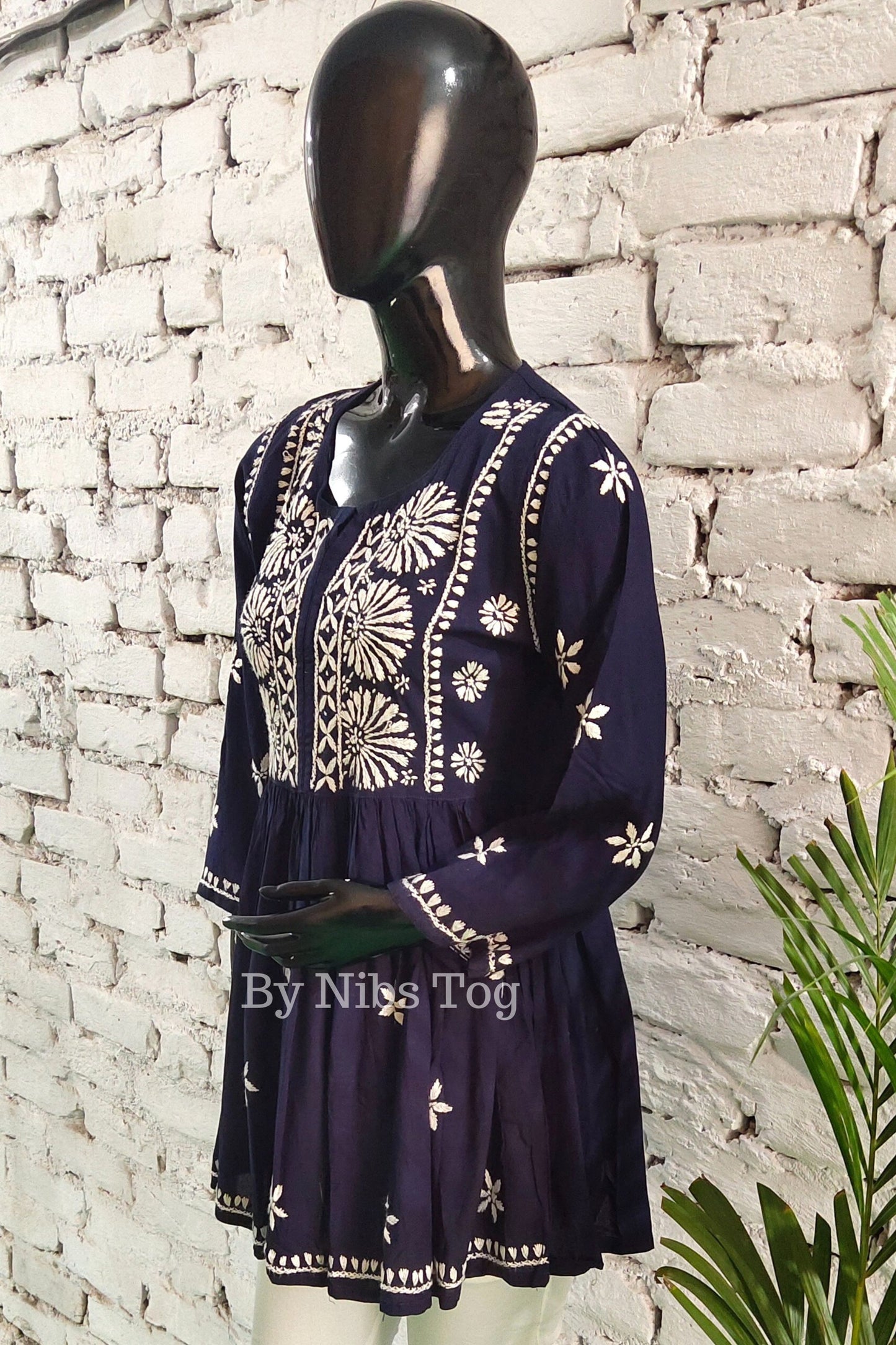 Blue Cotton Chikankari Short Kurta frock style for Women