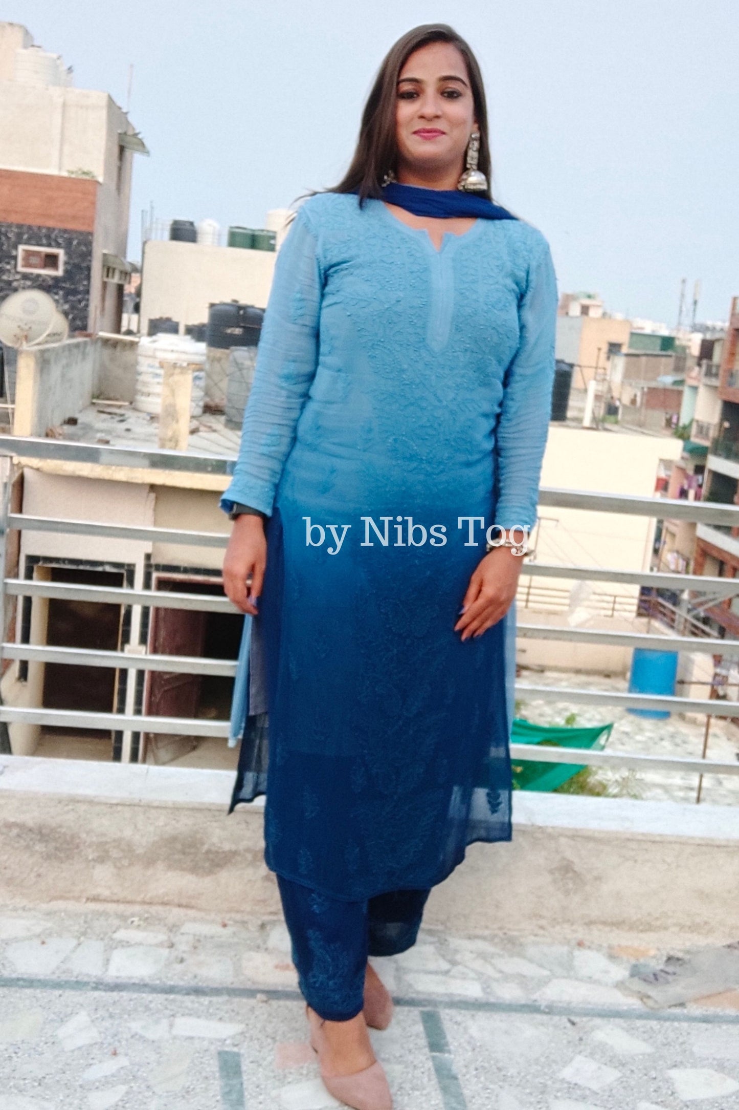 Ombre Blue Viscose Chikankari Kurta Palazzo Set with Dupatta