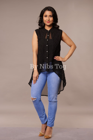 Black Chikankari Top Casual Wear Georgette Shirt Sleeveless