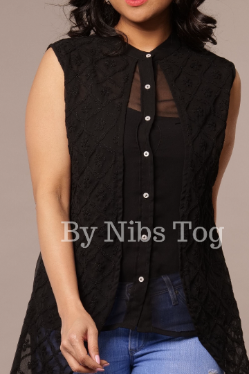 Black Chikankari Top Casual Wear Georgette Shirt Sleeveless