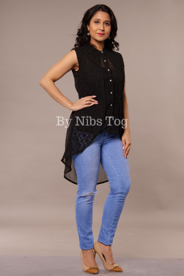 Black Chikankari Top Casual Wear Georgette Shirt Sleeveless