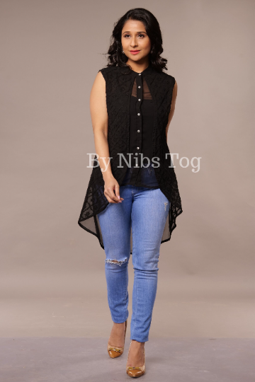 Black Chikankari Top Casual Wear Georgette Shirt Sleeveless