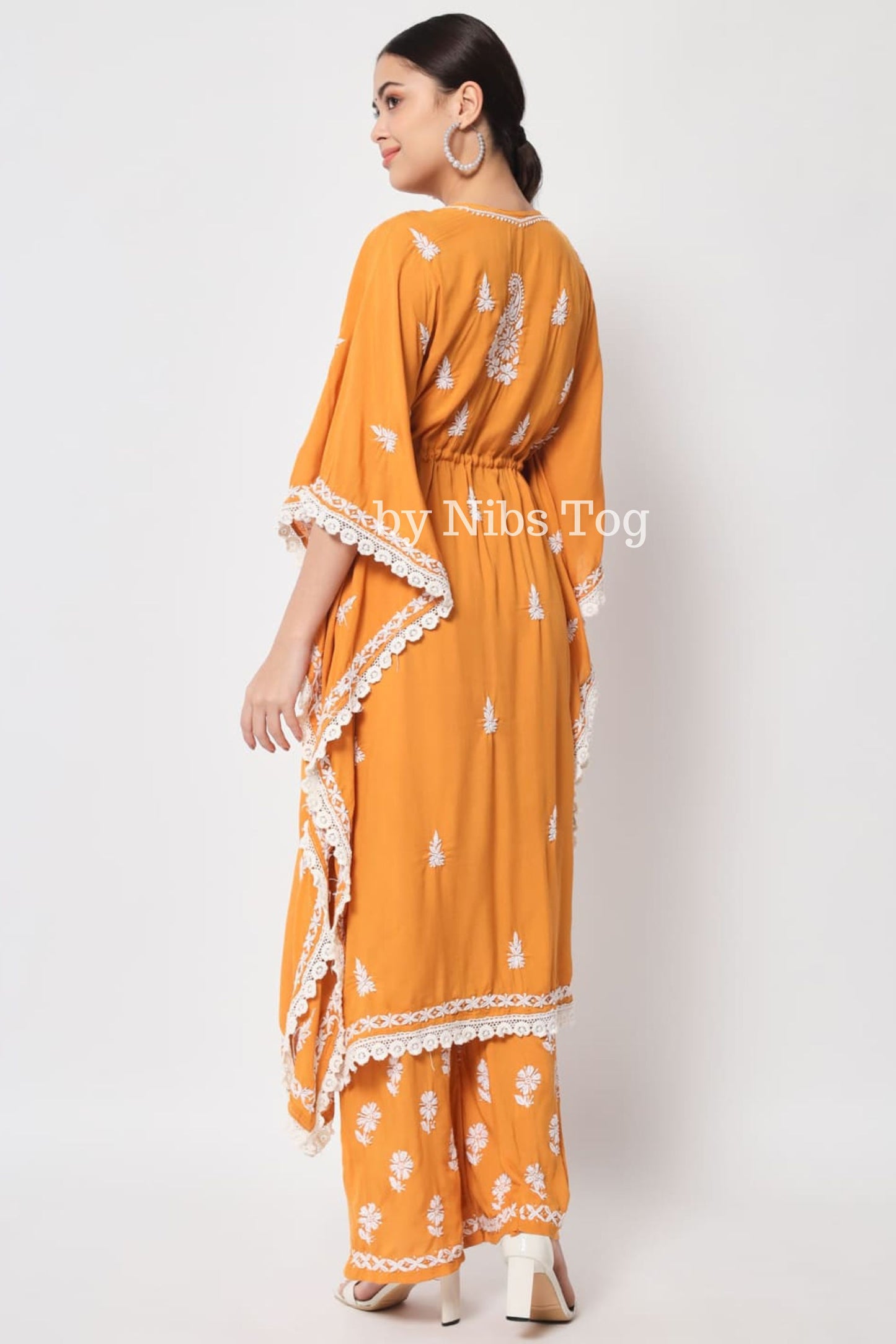 Yellow Chikankari Embroidered Kaftan Set for Women